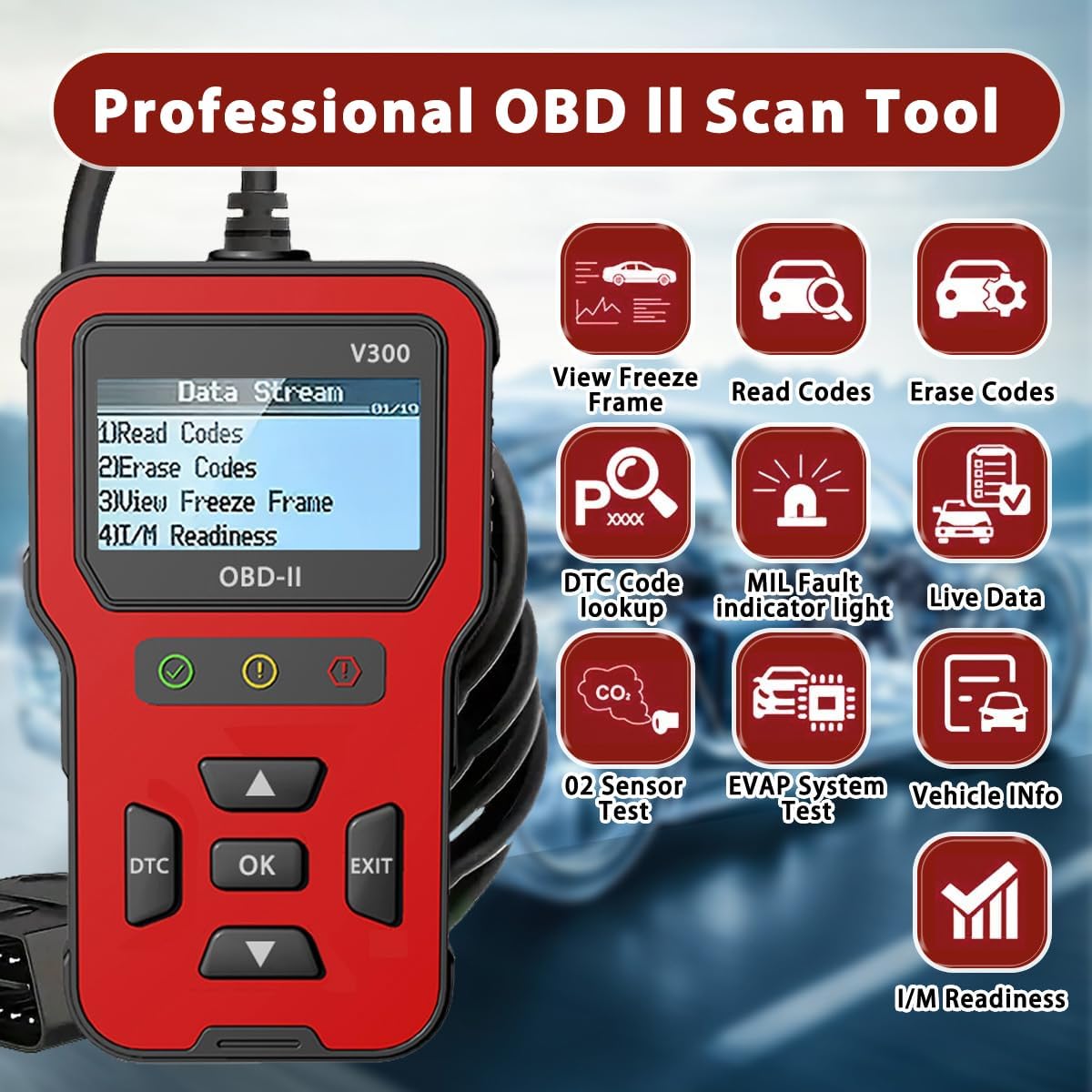 OBD2 Scanner showing various diagnostic functions