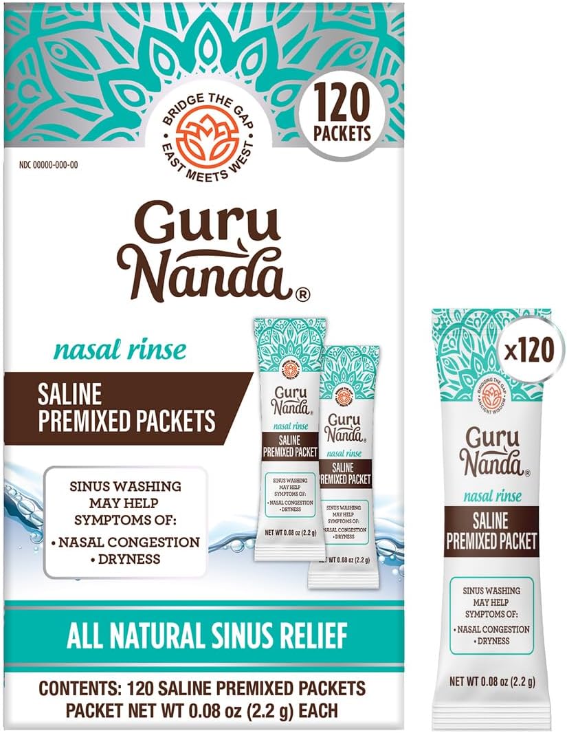 PreMixed Saline Packets for Nasal Rinse (120 Count), All Natural Sinus Rinse Packets to Help with Allergies & Congestion Relief, 0.08oz Each