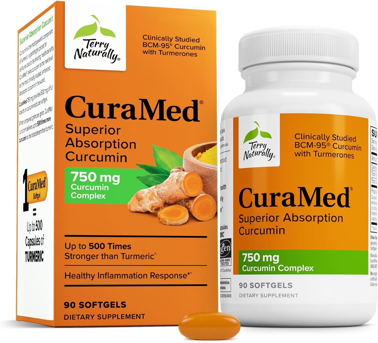 Terry Naturally CuraMed 750mg - Antioxidant Supplement for Brain & Heart Health Support - Dietary Supplement with High-Potency Curcumin Complex - Kidney, Liver & Immune Health Support - 90 Softgels
