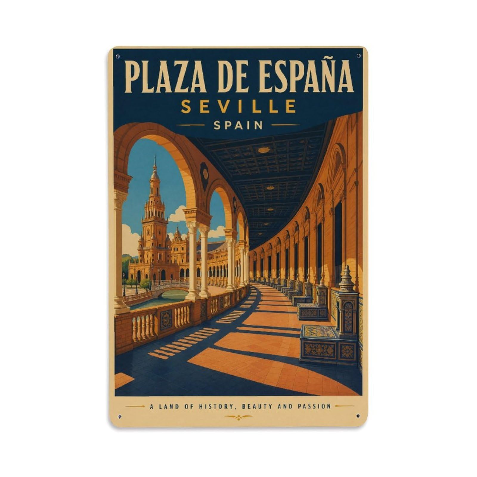 Vintage Plaza Espana Arches Colonnade Shadows Spain Metal Tin Sign