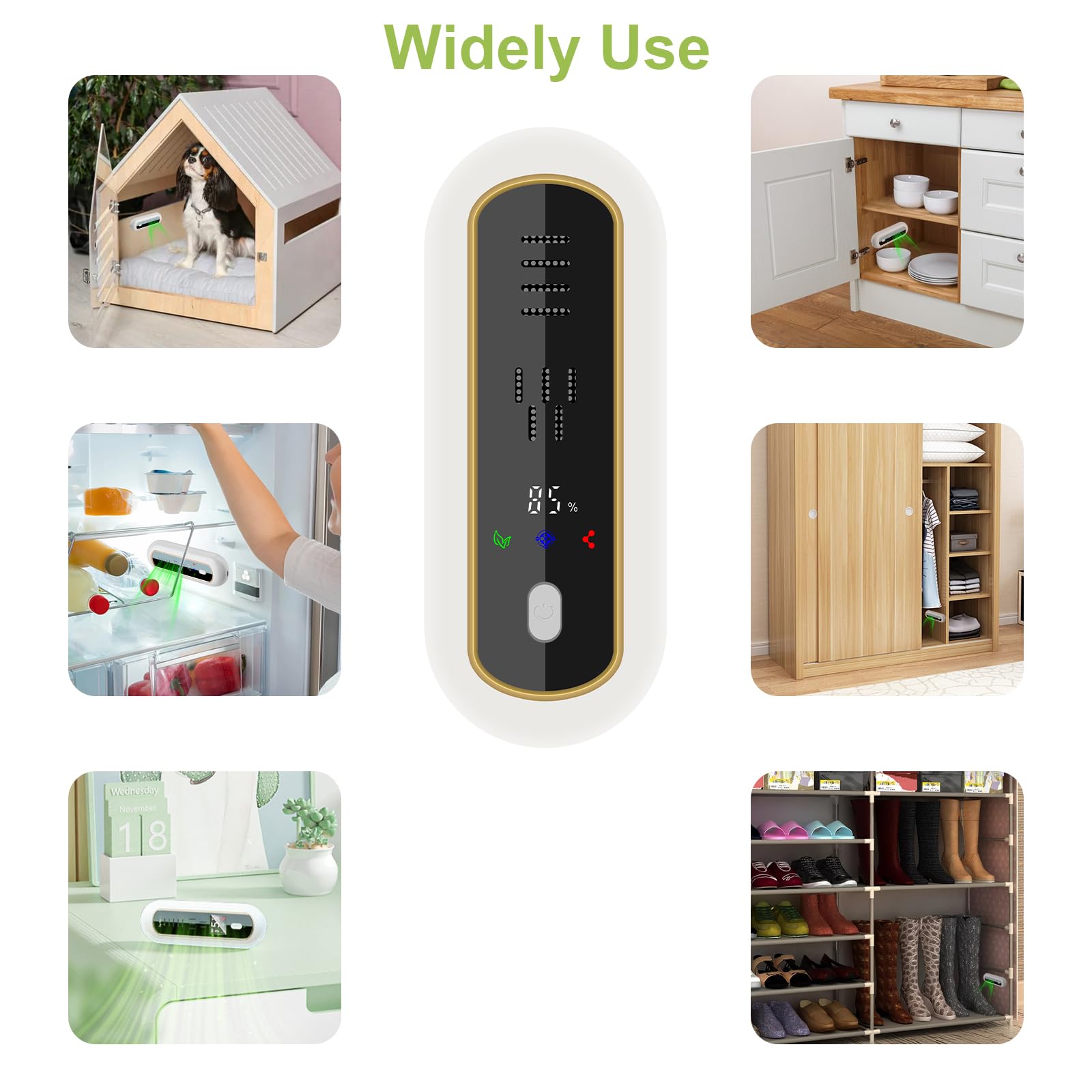 Dezodorator do lodówki z 3 trybami, monitorowanie temperatury i poziomu baterii, eliminator zapachów w lodówce z wyświetlaczem LED, ładowalny odświeżacz powietrza do szafy, zwierząt domowych