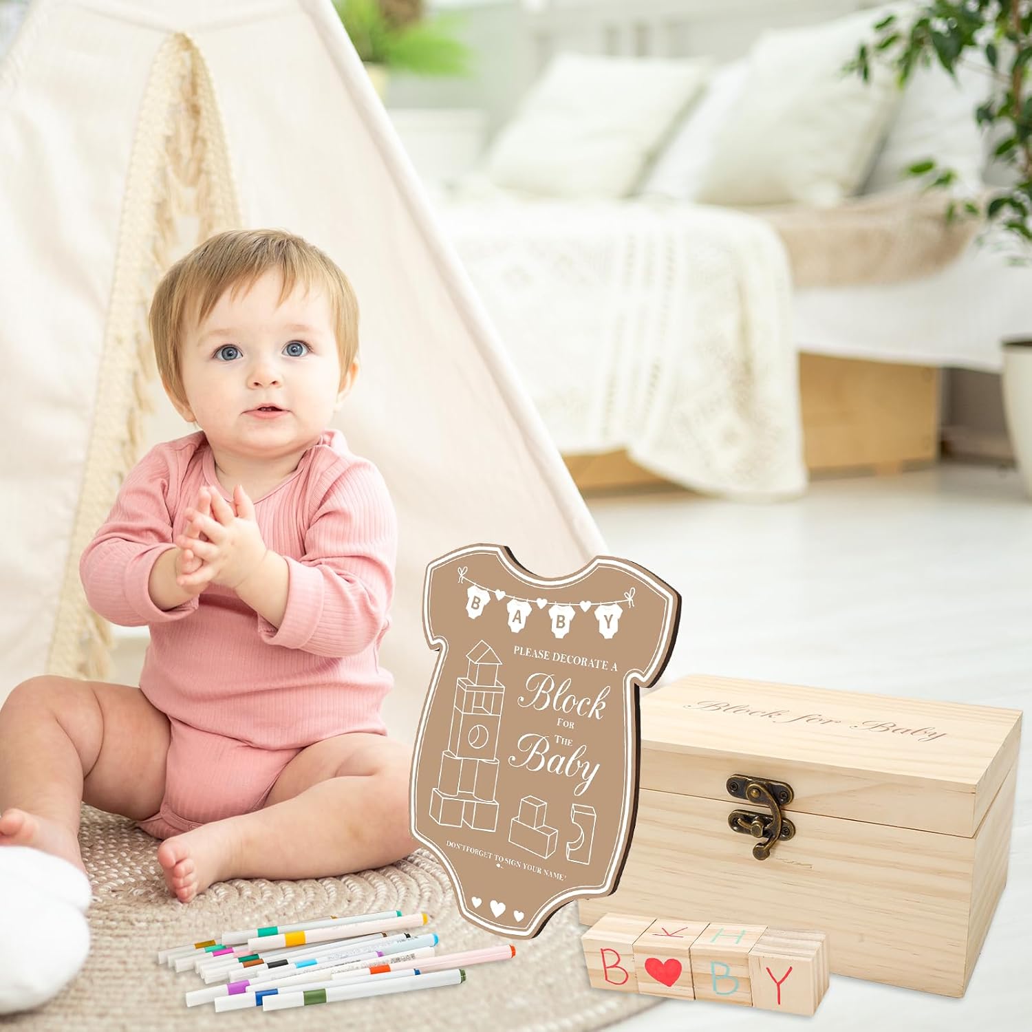JarThenaAMCS 80 Pcs Baby Shower Game Kits Coloring Building Blocks Baby Clothes Wooden Display Sign Colorful Markers with Storage Box for Birthday Party DIY Crafts Supplies