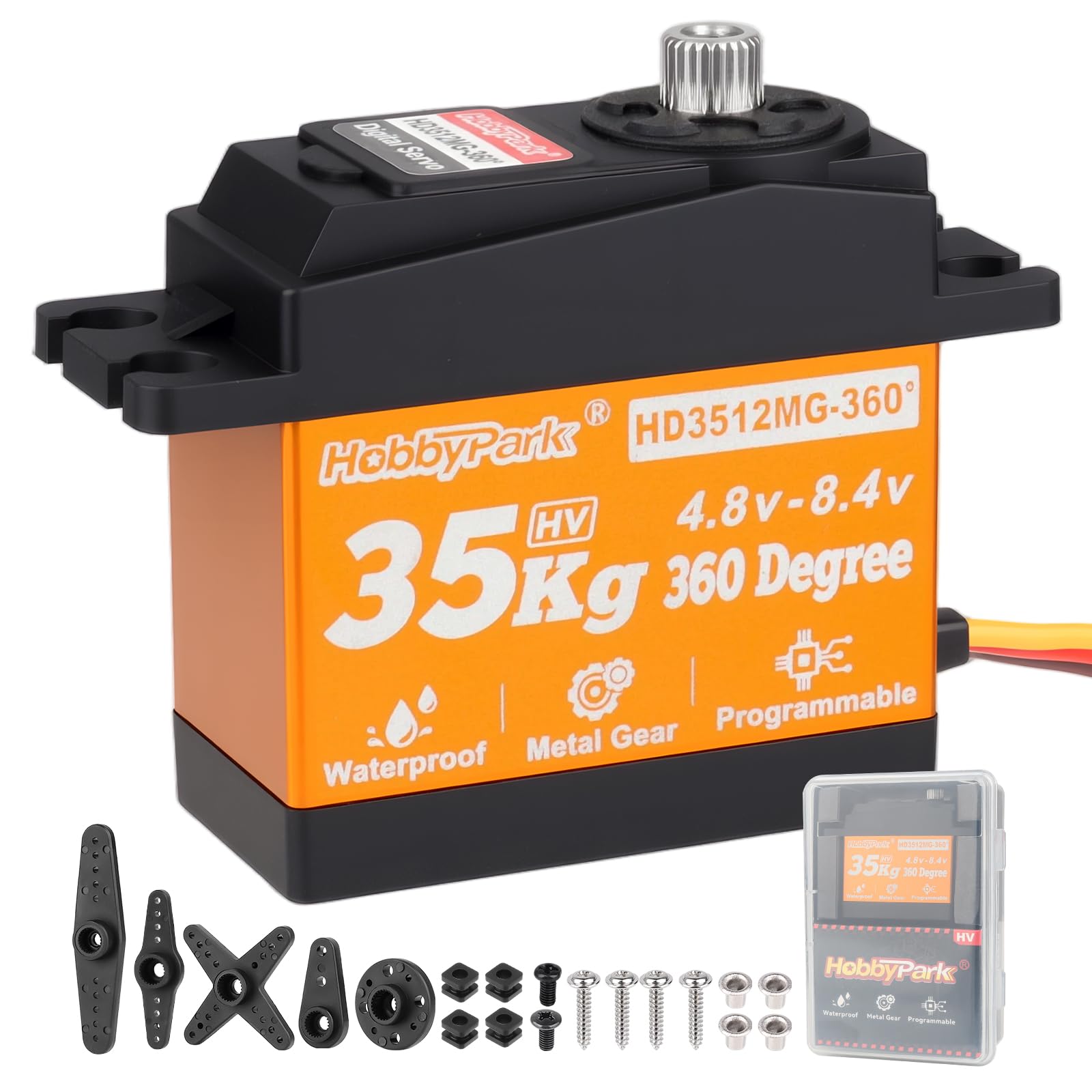 Hobbypark 35kg 360 Degrees Servo Continuous Rotation for Robot Projects, RC Crawler Winch Servo Standard Size High Torque Metal Gears High Voltage 5-8.4V Programmable