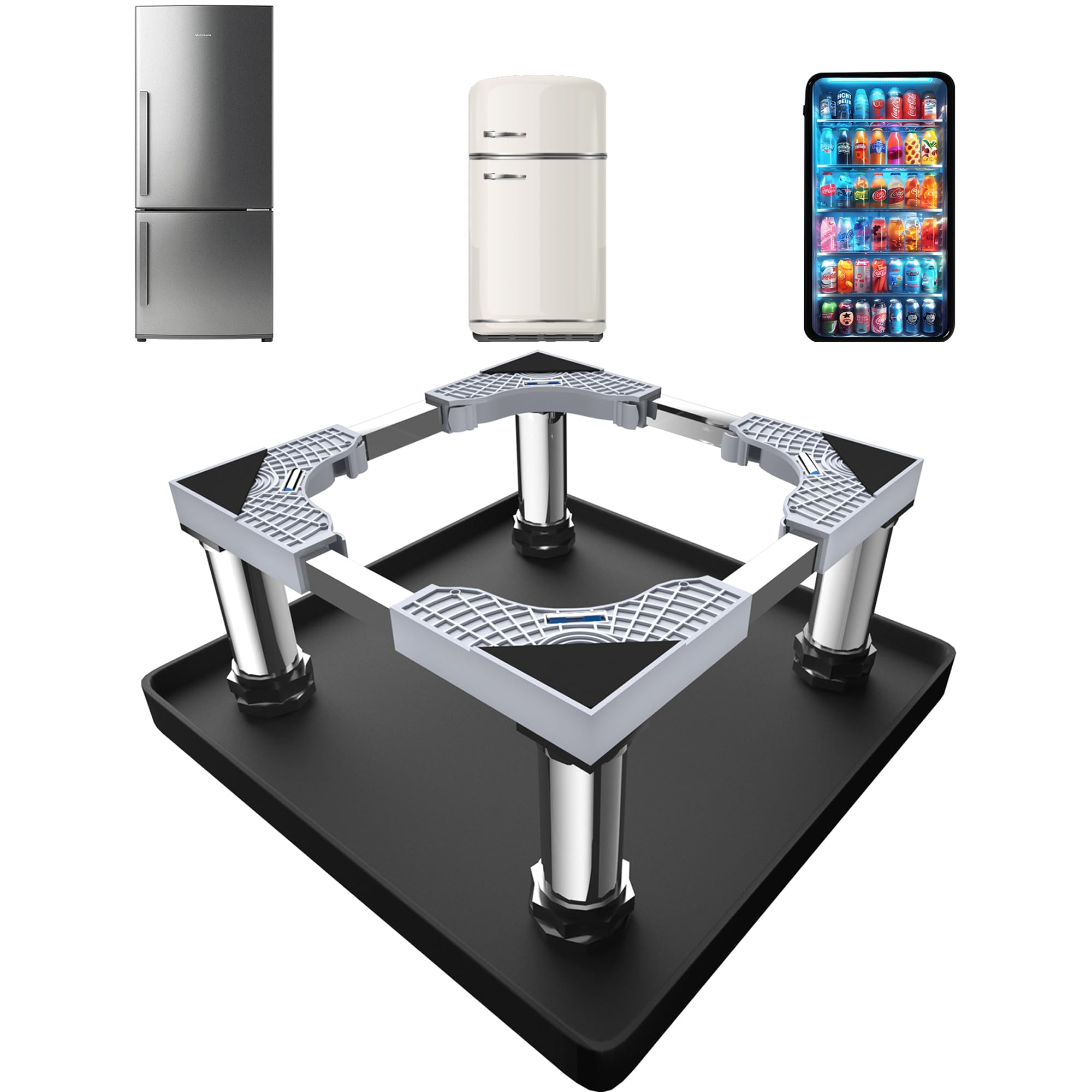 Mini Fridge Stand with Silicone Mat, (11.4-12.6 High) Adjustable Refrigerator Stand with 4 Stainless steel Feet, 24''x 24'' Dorm Fridge Stand Protect From Appliance Leaks for Fridge, Washer, Dryer