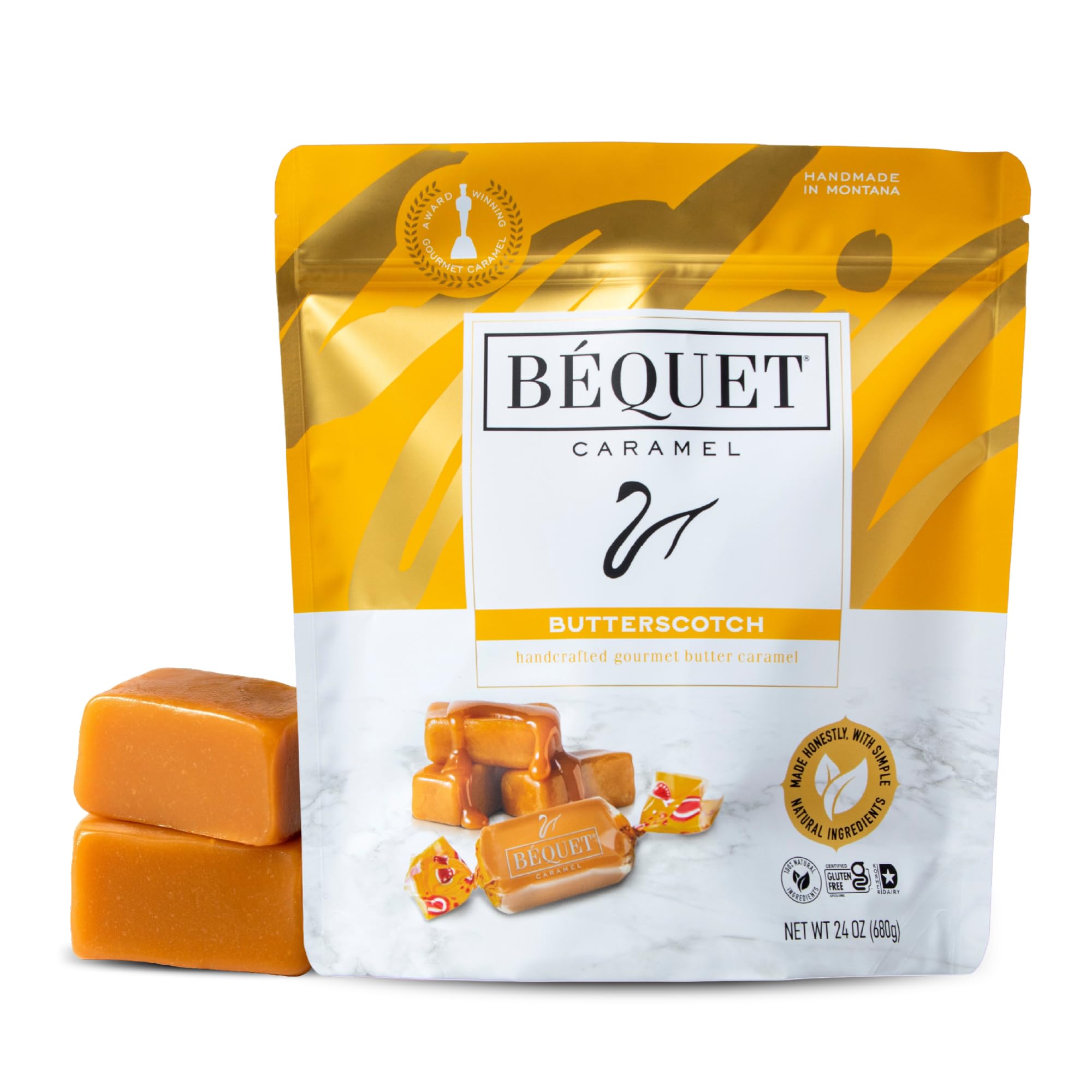 Béquet Caramel - Butterscotch Gourmet Candy - Candy Individually Wrapped - Made in Montana - Kosher (Star D) and Gluten Free - 24 Ounce Resealable