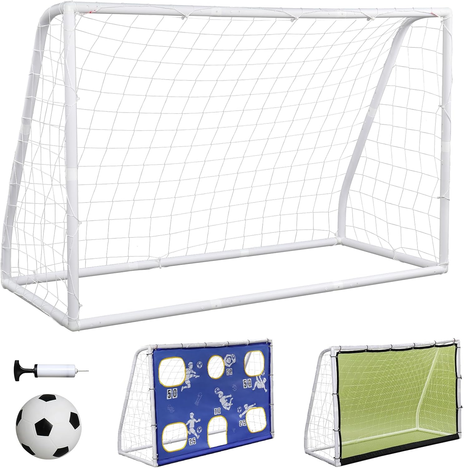 6 x 4 Ft Soccer Goal Set, 3 in 1 Portable Soccers Training Equipment with Soccer Net, Ball, Target & Rebounder Panel, UPVC Frame Practice Football Goals for Backyard Outdoor