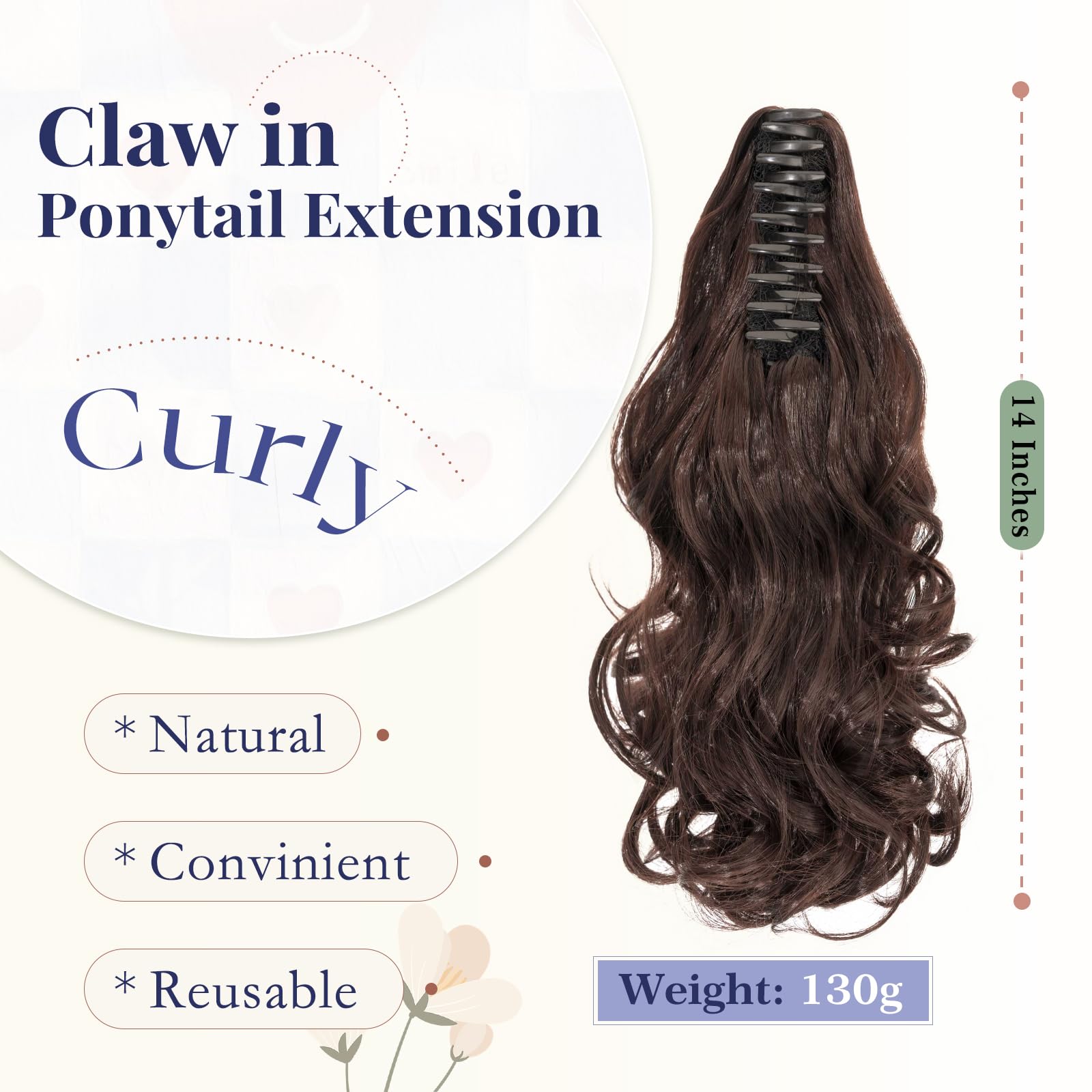 TESS Claw On Ponytail Extension Matte Material 14 Inch/37cm Curly Wavy Clip In Pony tail Synthetic Hairpiece, Dark Brown - Image 2