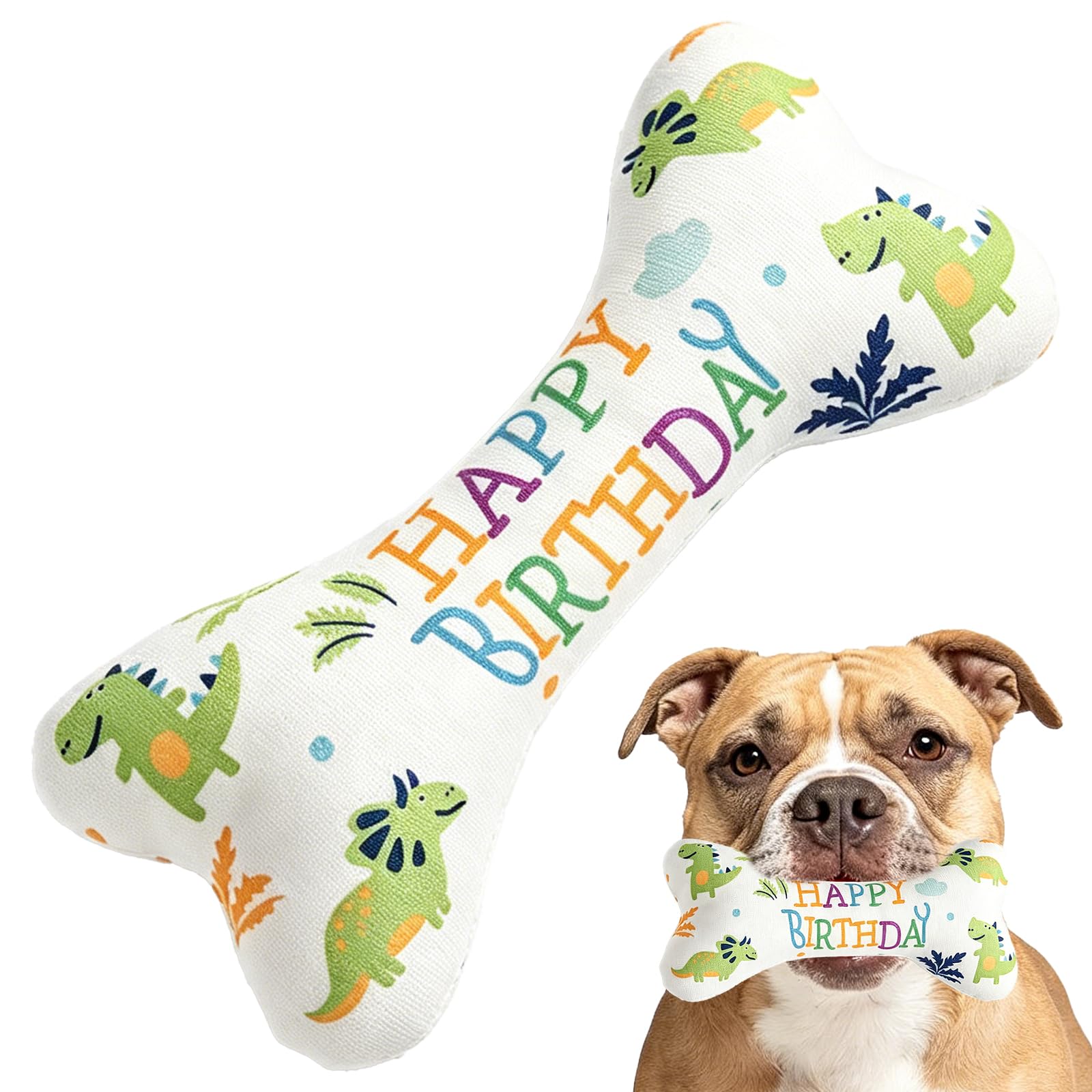 KRENIE Dog Birthday Toy Plush Bone – Dog Toy with Dinosaur Design – Soft Plush Chew Toy for Small and Medium Dogs – Dog Birthday Gift for Parties and Celebrations — image 1