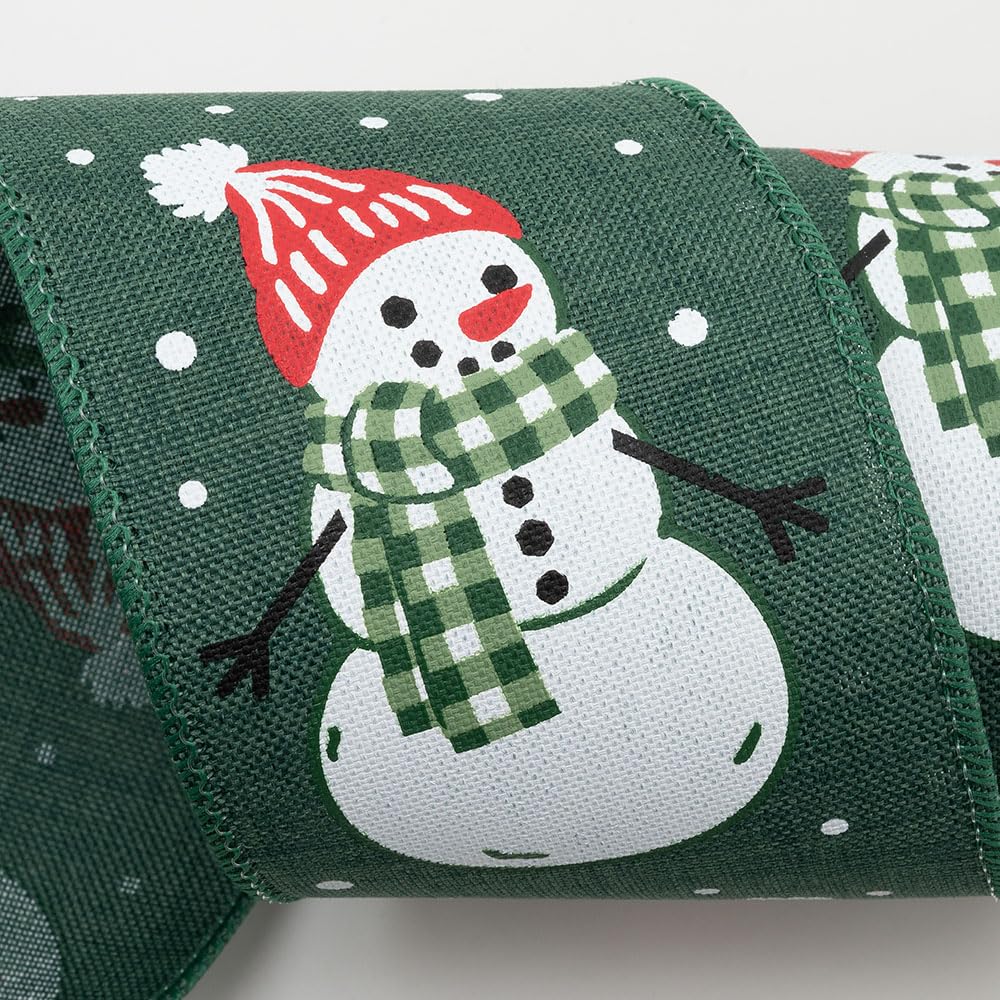 Italian Options 63mm Wide Christmas Ribbon - Green Linen Snowmen (10 Mtr/Wired Edge)