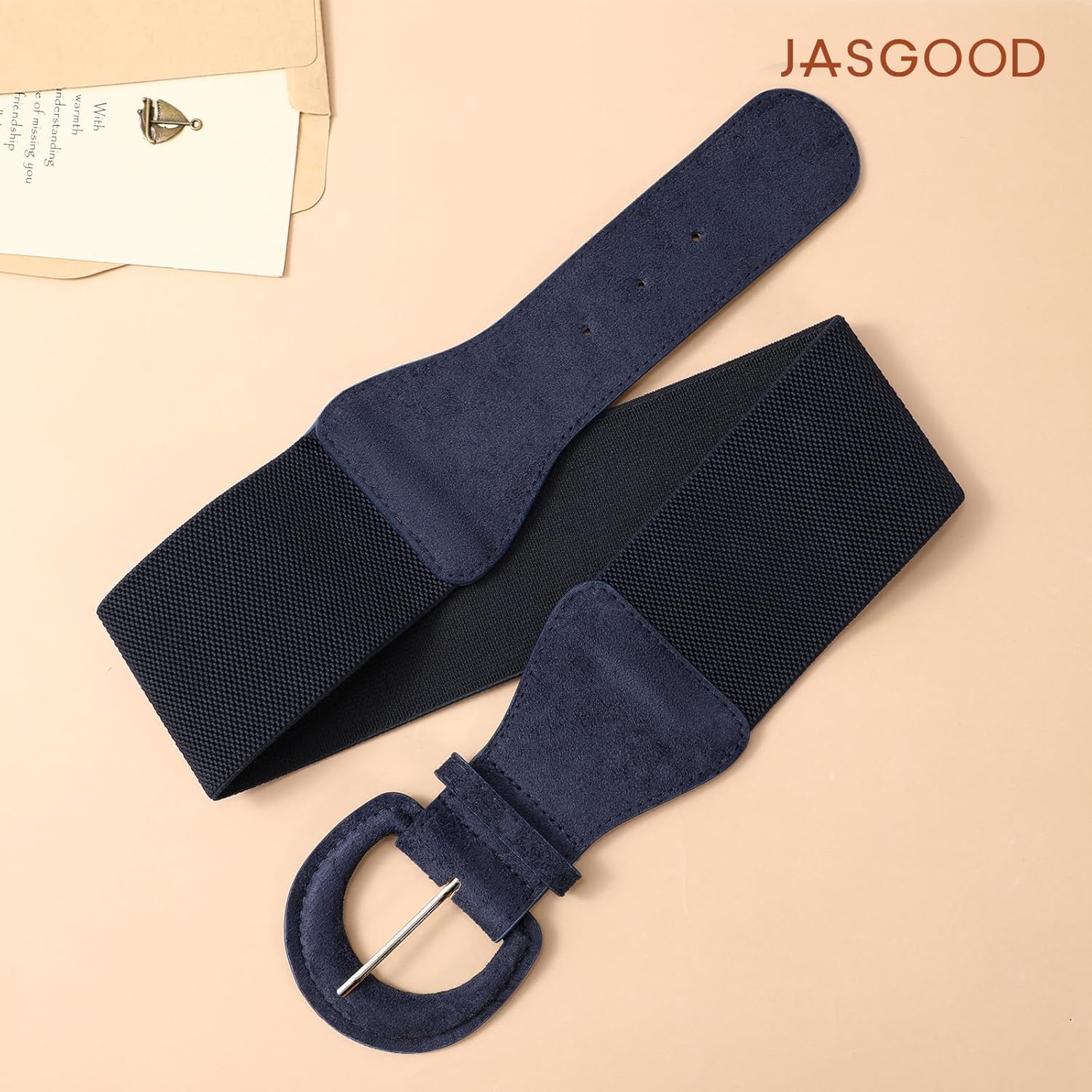 JASGOOD Women Retro Wide Elastic Belt Stretchy Waist Belt, Vintage Chunky Buckle Belts for Dress,Yellow - Image 3