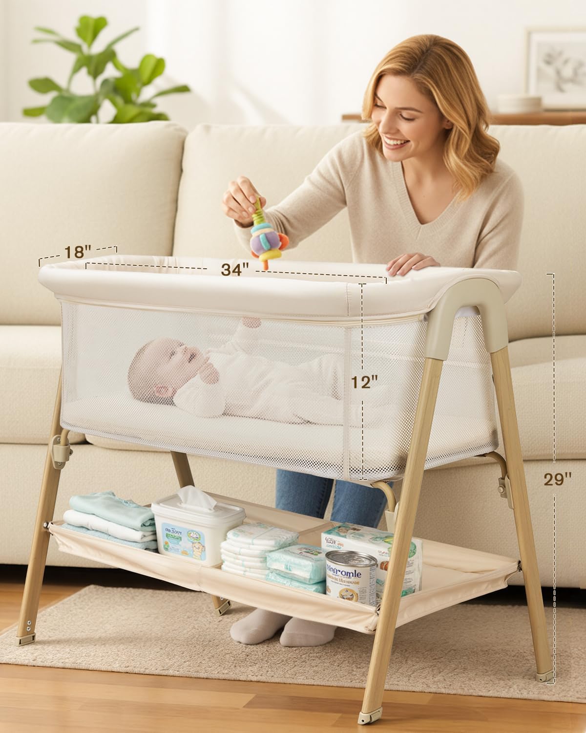 Baby Bassinet, Bedside Bassinet for Baby, Bassinet Bedside Sleeper with Mattress, Storage Basket and 4 Auto-Lock Wheels, Full-Mesh Sides, Bedside Mini Crib for Newborn (Beige) - Image 2