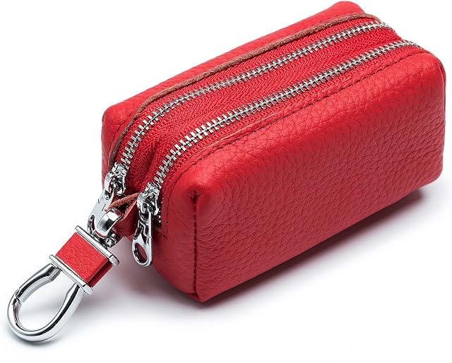 RRvane Genuine Leather Car Key Case, Unisex Double Zipper Keychain Wallet Coin Purse Bag with Metal Hook
