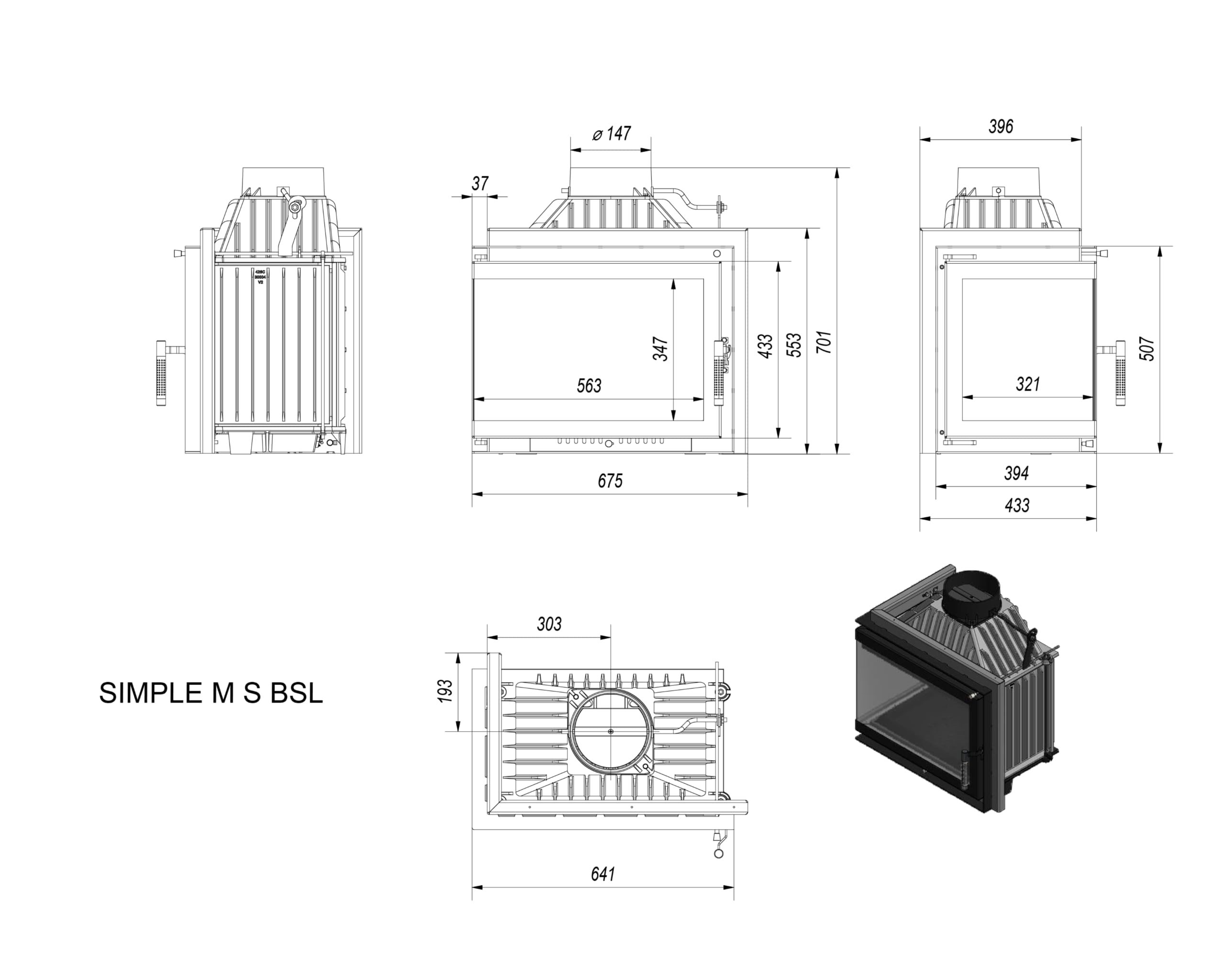 KRATKI SIMPLE Camino a legna 8 kW Ø 150 in ghisa con inserto per presa d'aria - stufa a legna Conforme BImSchV 2, Efficienza termica 80% - Inserto per camino riscalda a 100 m², apertura a sinistra