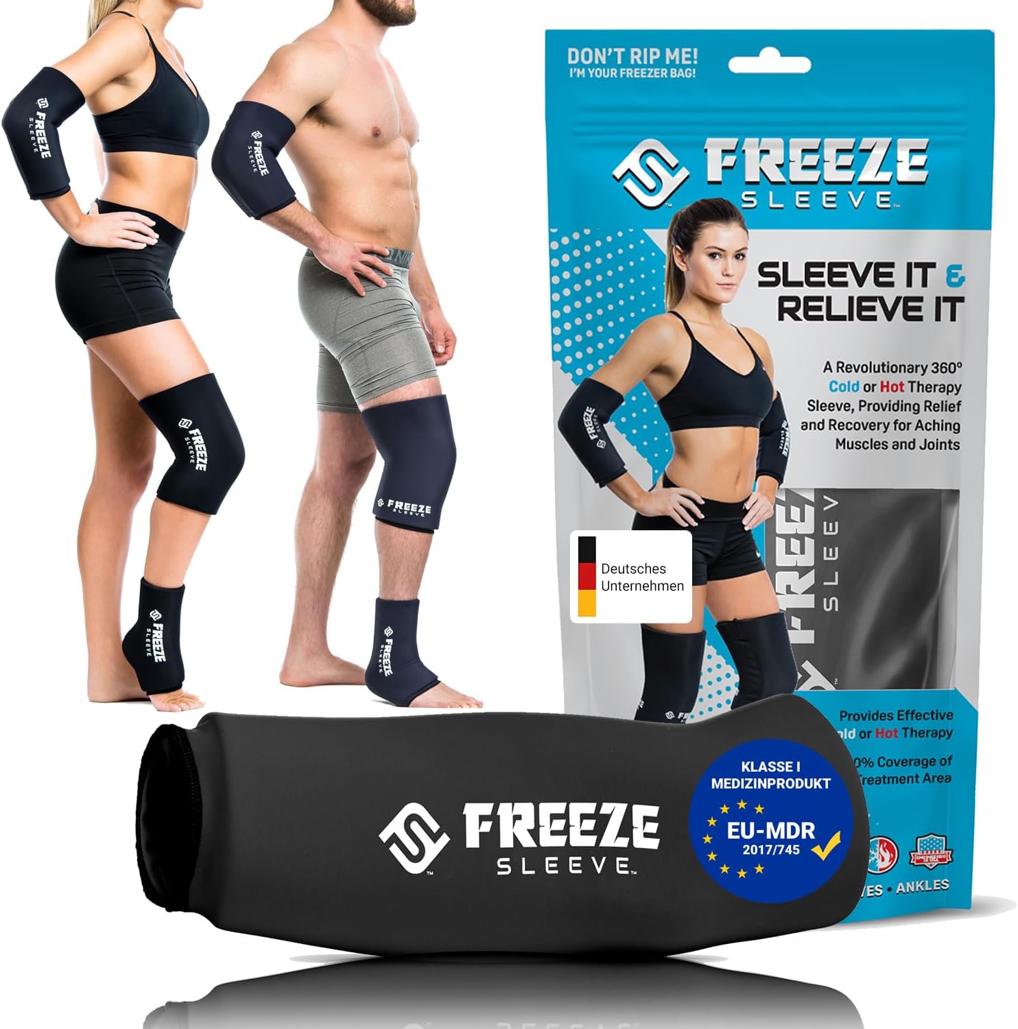 Ice & Heat Therapy Compression Sleeve- Reusable, Flexible Gel Hot/Cold Pack, 360 Coverage for Knee, Elbow, Ankle, Wrist- Black, X-Small