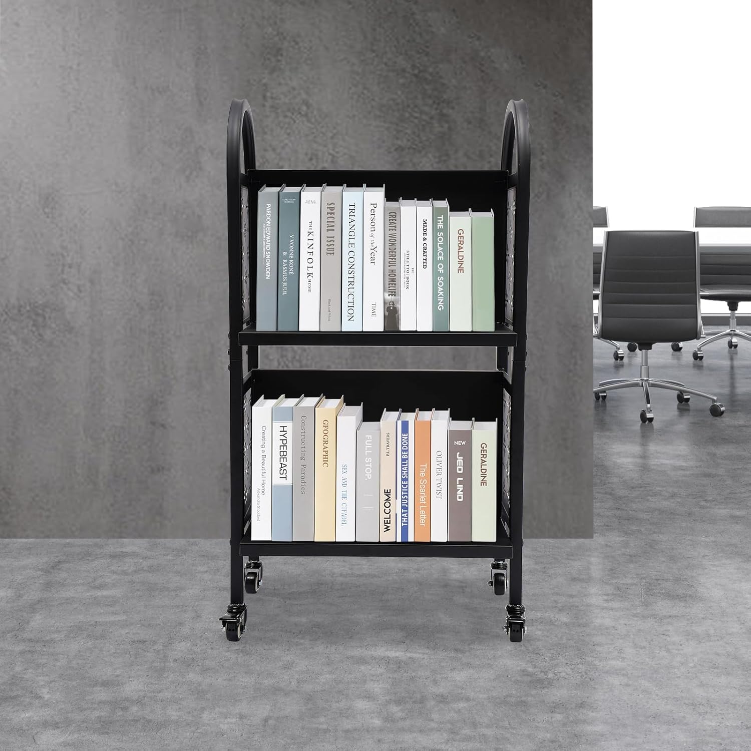 Library Book Cart,2-Tiers Rolling Book Cart with Wheels,Library Cart Book Cart for Libraries, Office, Classrooms, Conference Room,Black