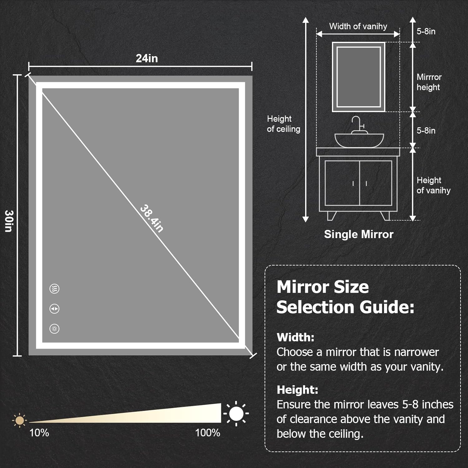 24x30 LED バスルームミラー 30x24 浴室用 フロント&バックライト付き 照明付き洗面化粧台ミラー 壁用 曇 【旧】