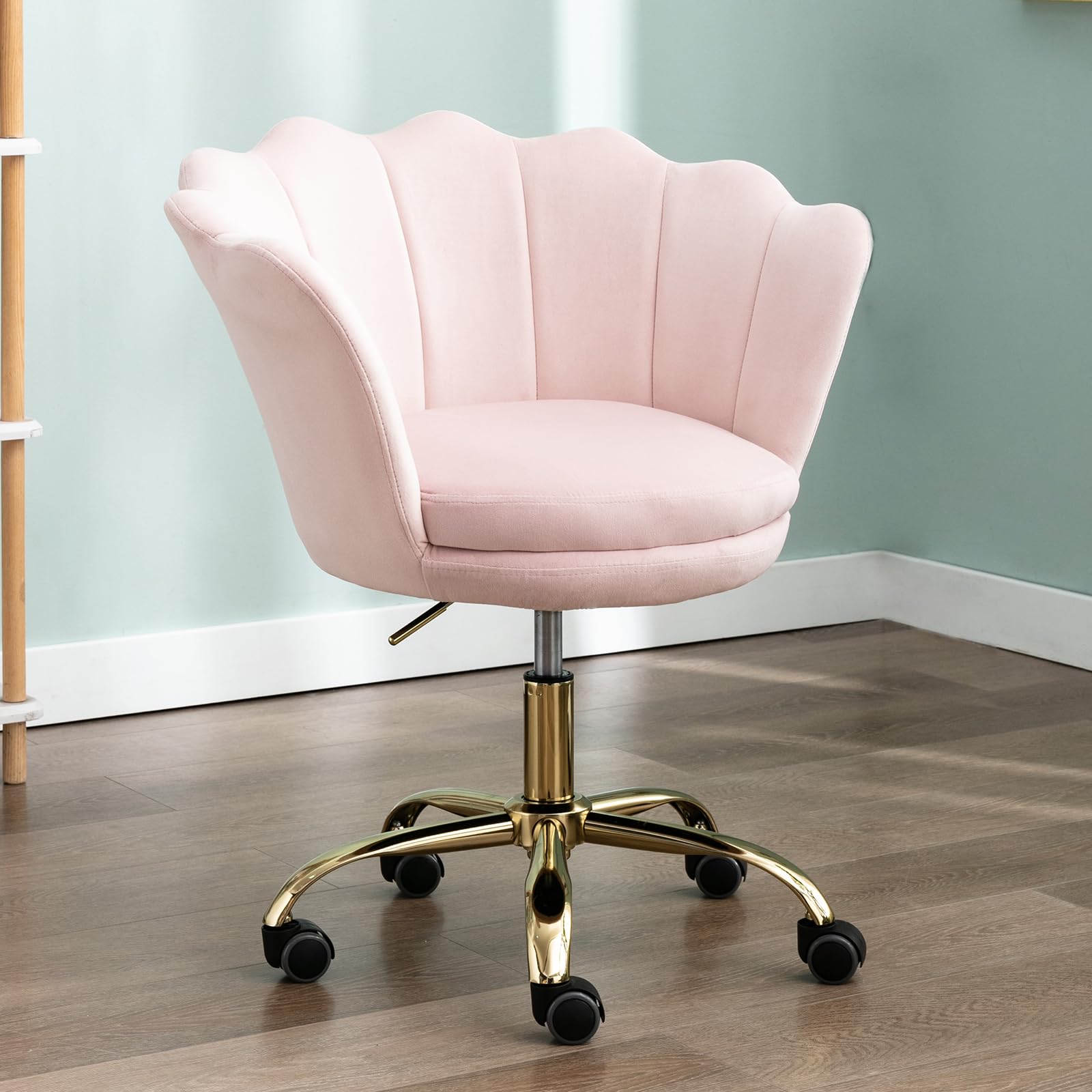 Ya-Home Silla Escritorio de Terciopelo Silla de Oficina Giratoria,Silla de Trabajo Moderna con Patas Doradas Silla Despacho de Ordenador en Altura Ajustable para Dormitorio/Tocador,Rosa Claro