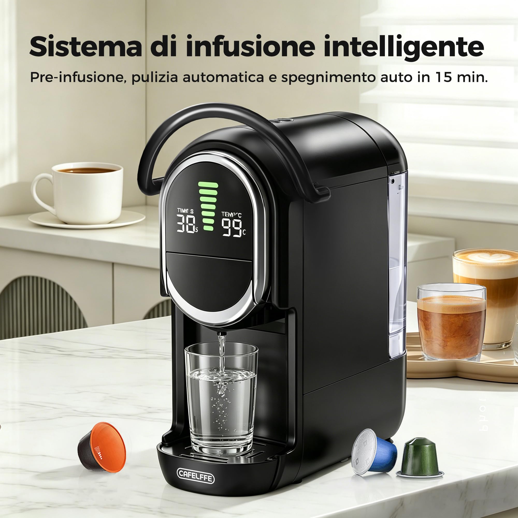 CAFELFFE MK-609S Macchina da caffè a capsule 4 in 1 con pressione di 19 bar, infuso caldo/freddo, espresso compatto per casa e ufficio, Nes Original/DG/ESE/macinato, nero
