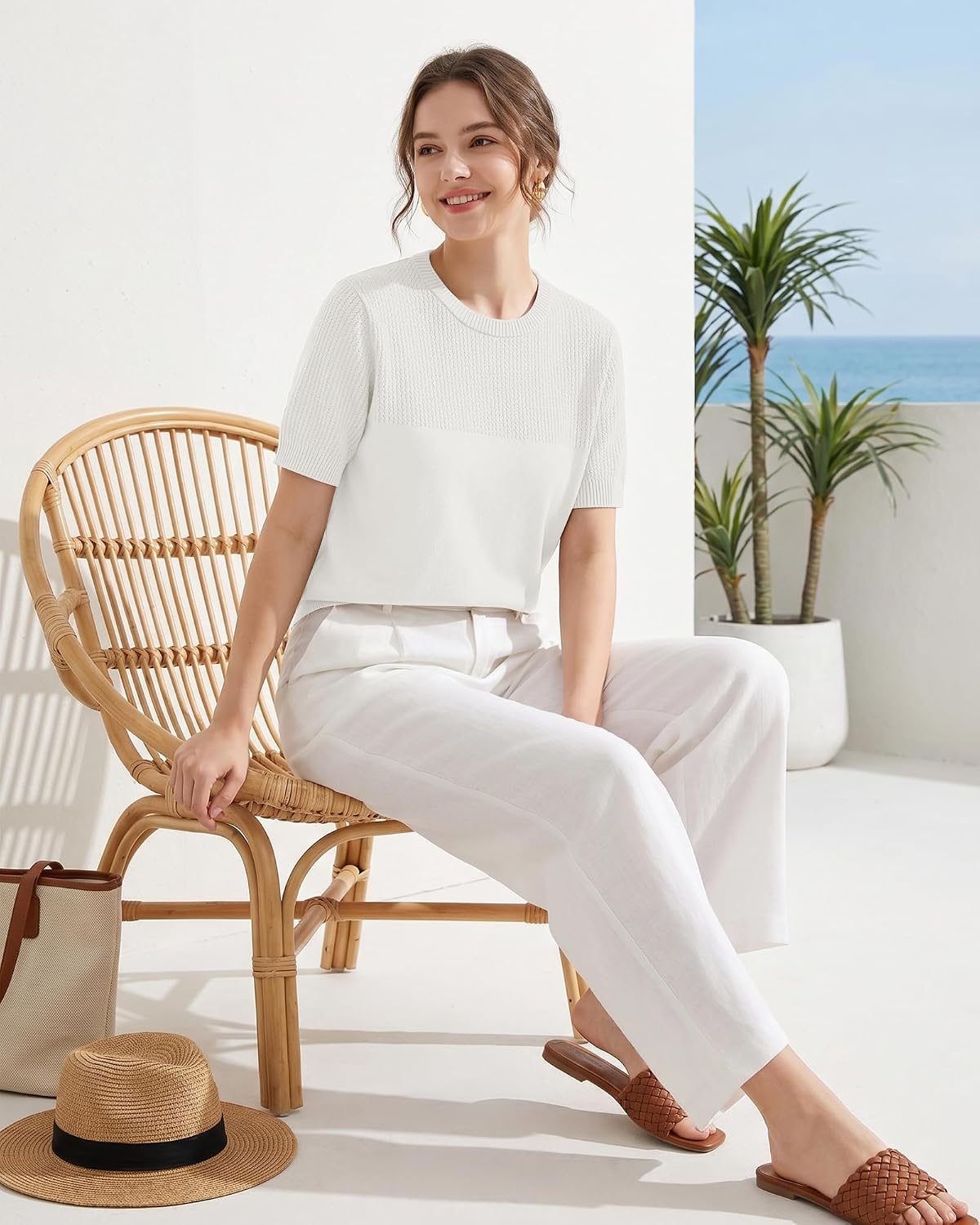 Women's Short Sleeve Sweater Lightweight Knit Tops for Work Casual | Crew Neck Knit Pullover Sweaters Trendy Summer Outfits Light Breathable Business Pull-on Tops