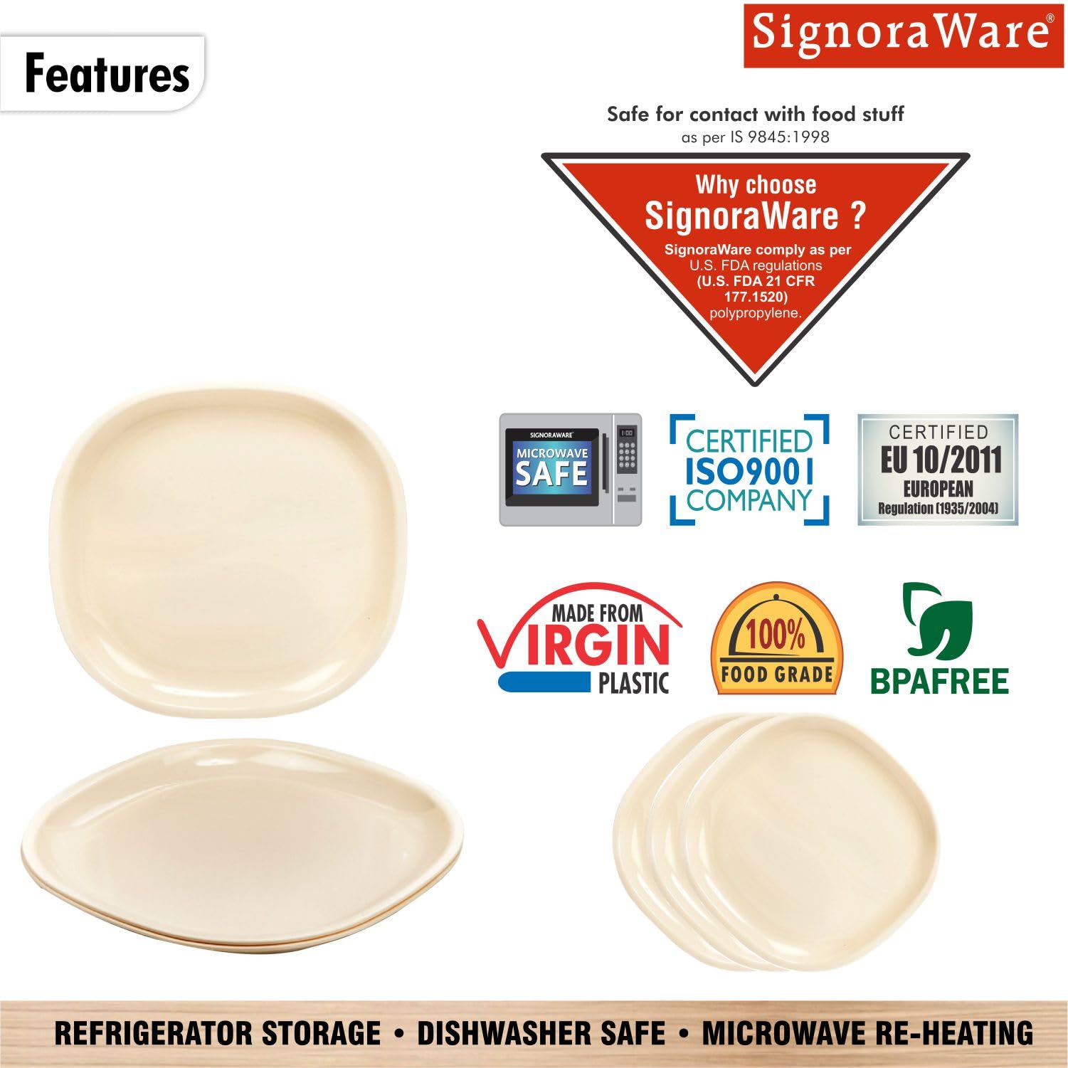SignoraWare BPA Free Plastic Half Square Plates | Microwave Safe | Crack Resistant | Ideal for Family Gatherings & Outdoor Activities | Best for Lunch, Breakfast & Dinner use (Set of 3 | OffWhite) 2