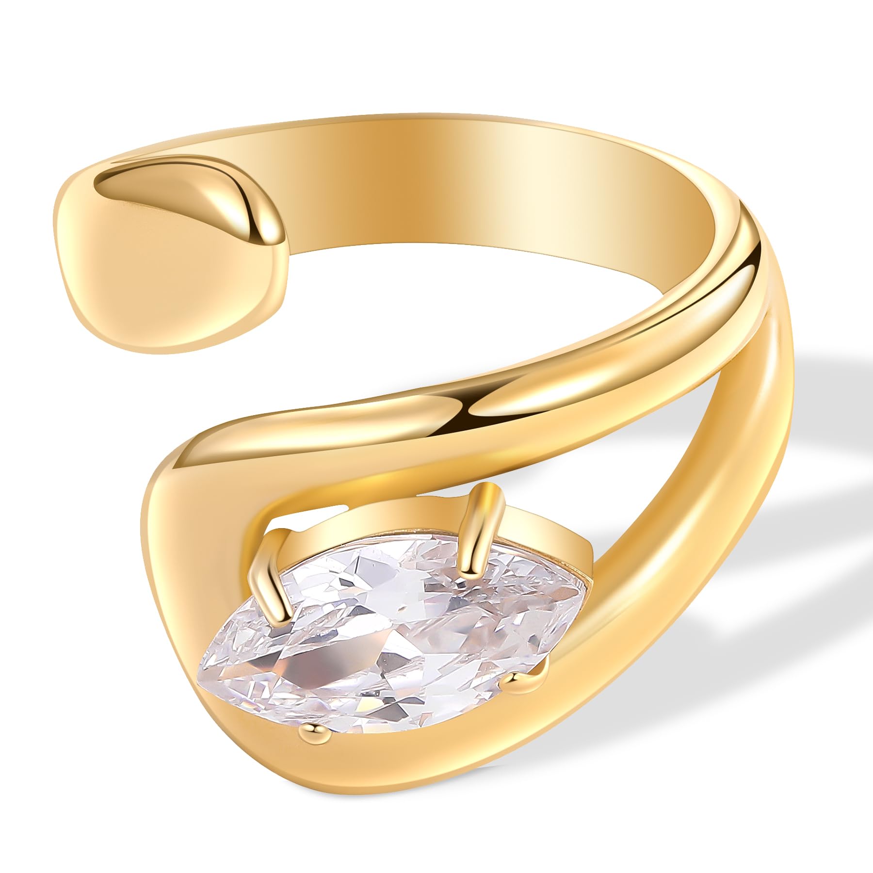 KELMALLWomen's Big Rhinestone Adjustable Statement Ring, Shiny Emerald Marquise Geometric Shape Stone Cocktail Party Prom Rings