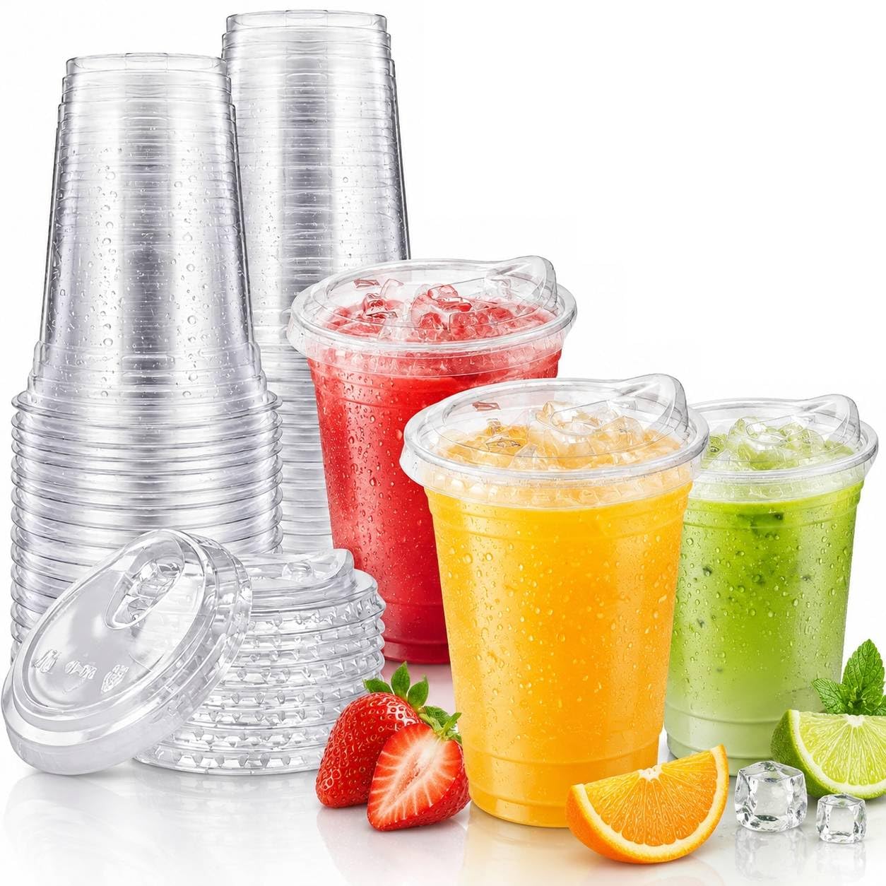 50 Sets 16oz Clear Plastic Cups with Lids,Disposable Cups for Cold Drinks