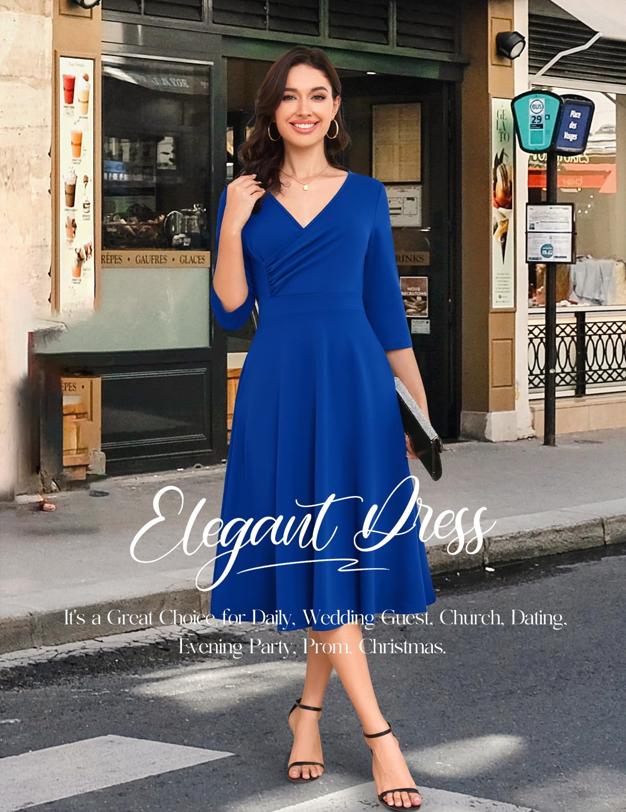 Bbonlinedress Abito da cocktail da donna, abito da cerimonia nuziale, con scollo a V, maniche a 3/4, vintage, lunghezza al tè, abito da festa midi