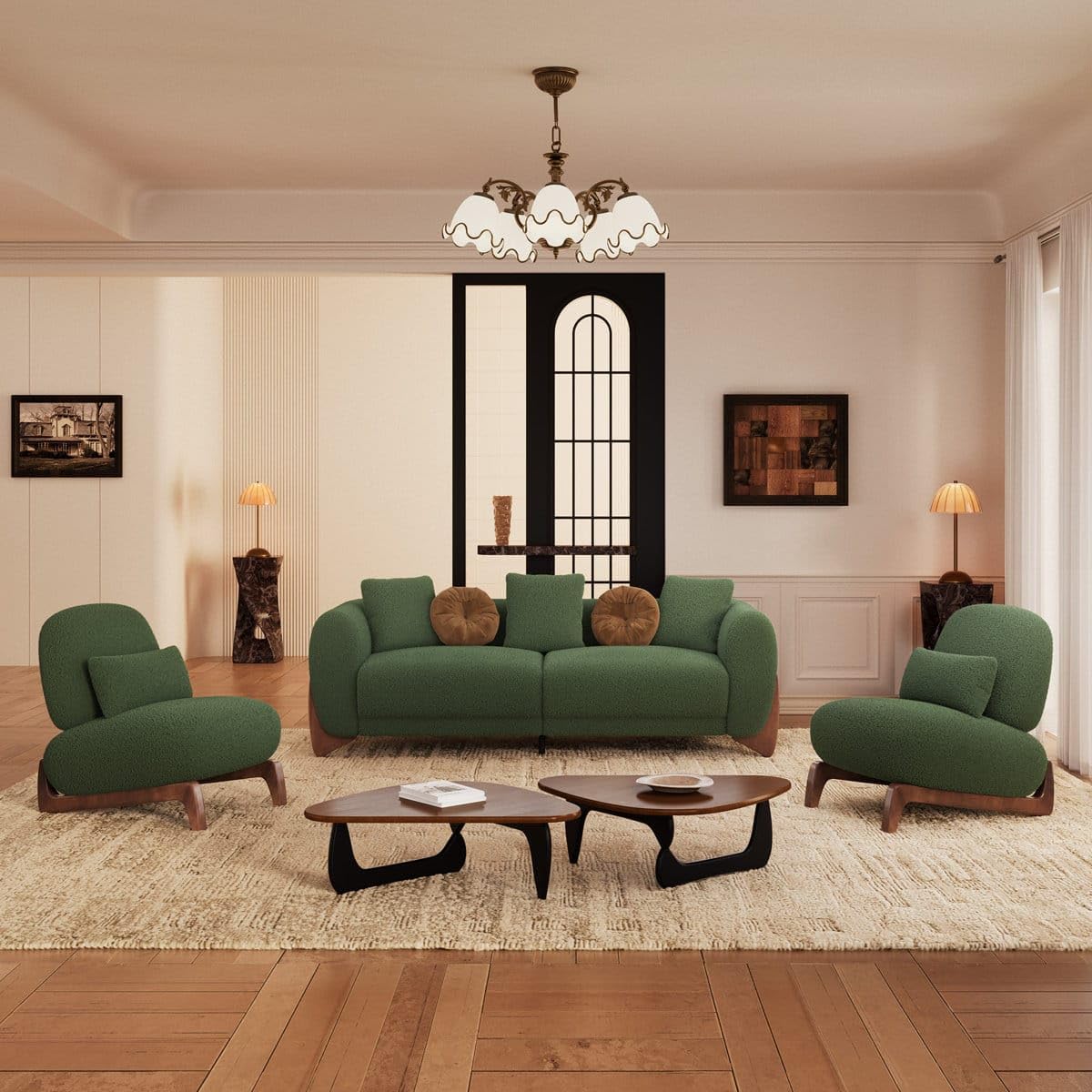 Ivory Royale 3+1+1 Luxury Sofa Set | Premium Boucle Sherpa Fabric Upholstered 5-Seater Living Room Furniture | Modern Curved Sofa with 2 Designer Lounge Chair (Green)-image-37
