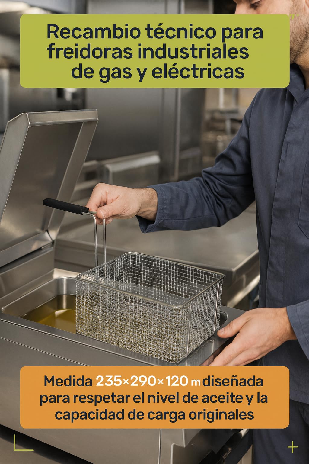 CubetasGastronorm ® Cesta Freidora 235x290x120 Mm Acero Cromado Mango Aislante Repuesto Industrial compatible con Elframo Gas Electrica Hosteleria Cocina Profesional Taller Reparacion y Hogar Pro