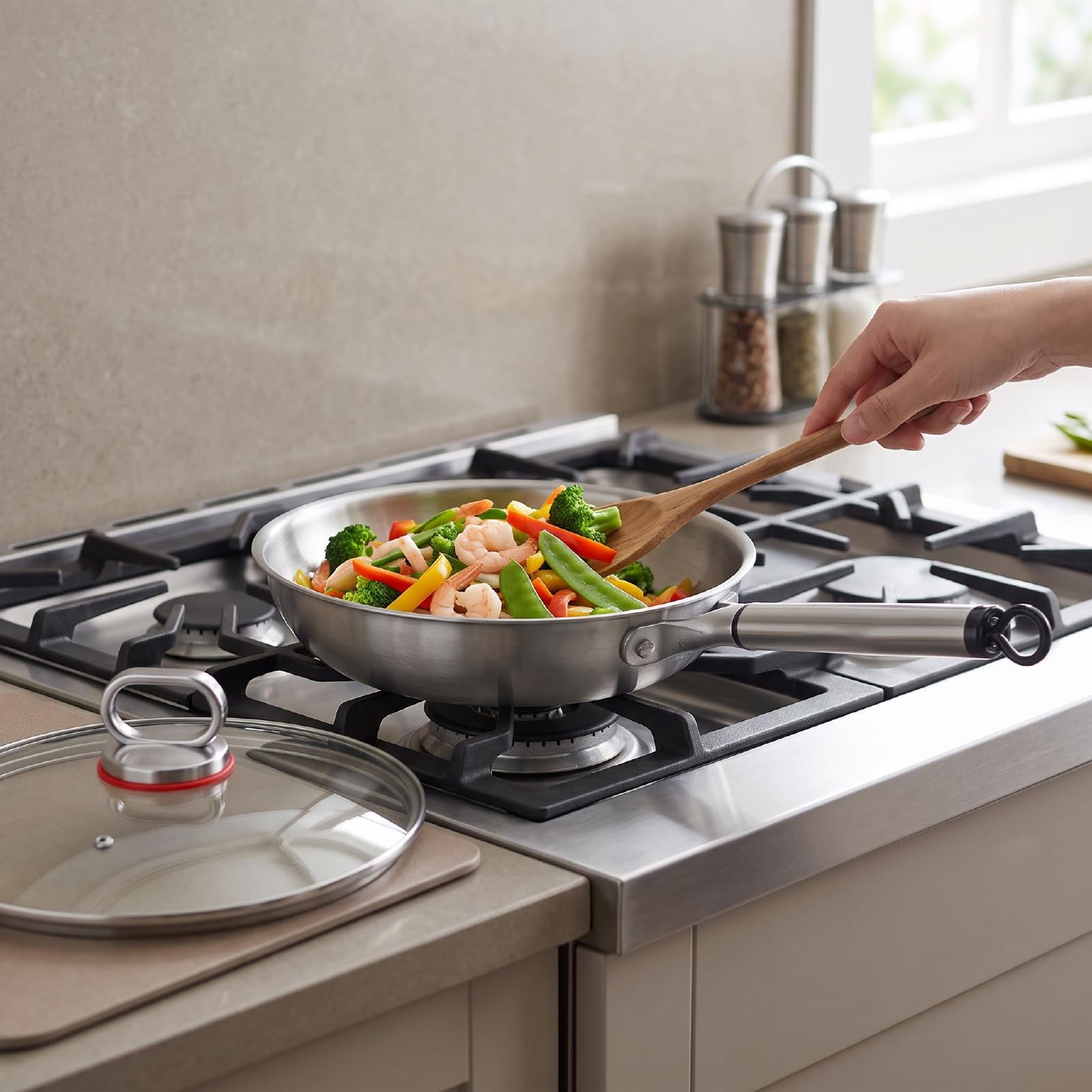 Asixxsix Wok ze Stali Nierdzewnej ze szklaną pokrywką, 11 Cali