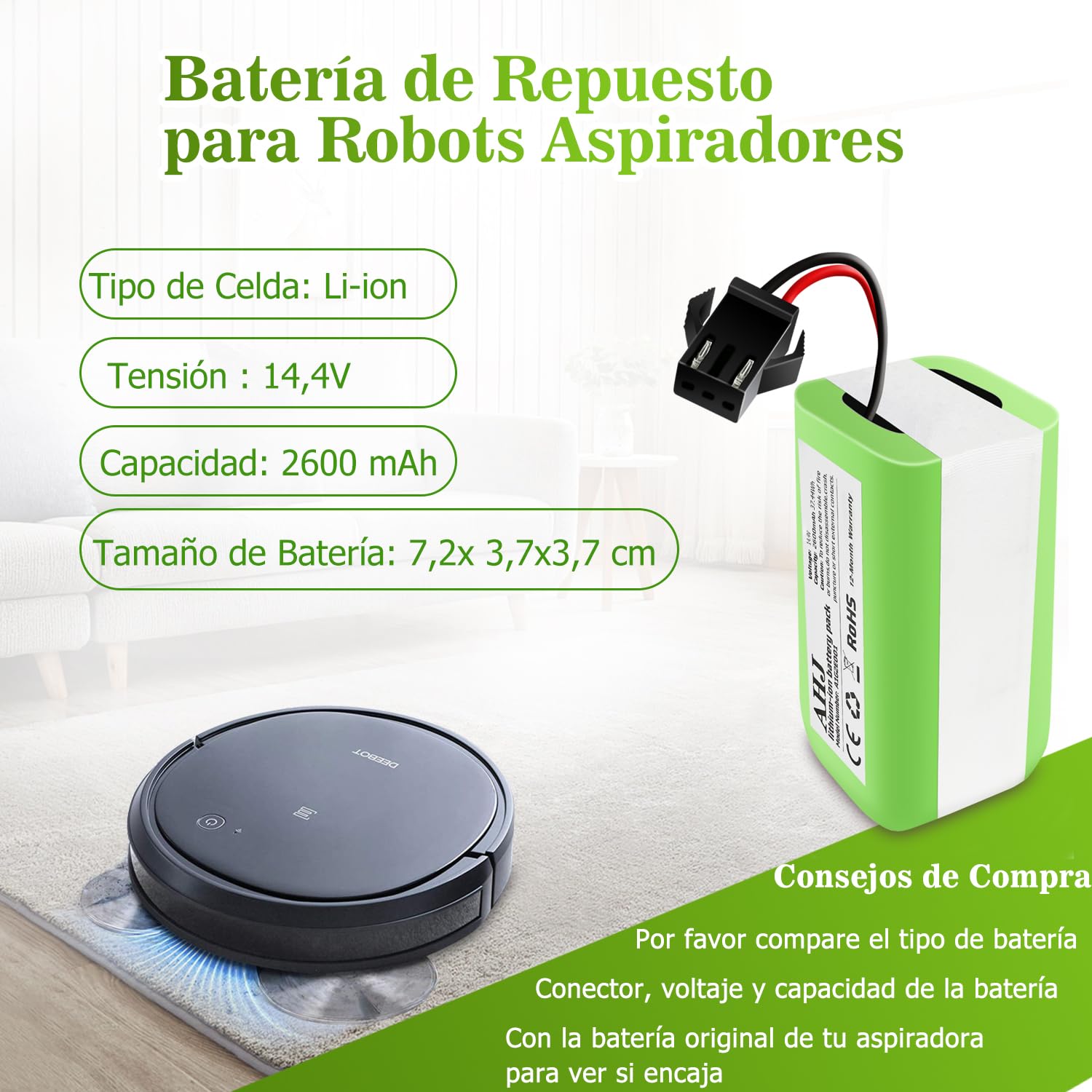 14.4V 2600mAh Li-Ion Batería de Reemplazo para Conga 990 950 999 1090 1790 1990, IKOHS S14 S15, Deebot N79 N79S, Eufy RoboVac 11 11S 11SMax 12 15C 15CMAX 15T 30 30C 30 MAX 35C