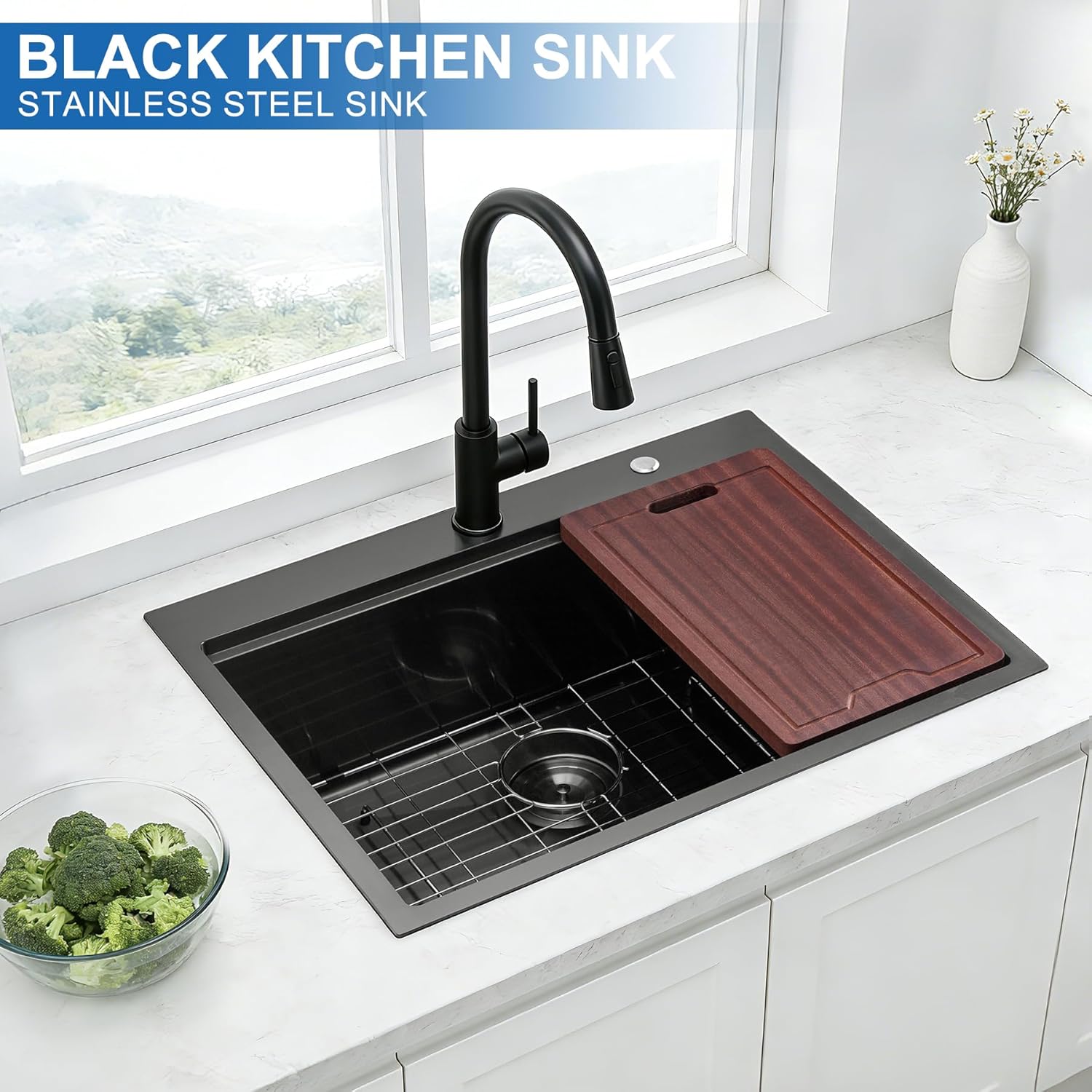 Scamall 25x22x10 Drop In Kitchen Sink Workstation, Nano Black 304 Stainless Steel Deep Single Bowl with Quick Drainage & Tarnish-Free Surface for Bar, Laundry, RV, Includes Accessories