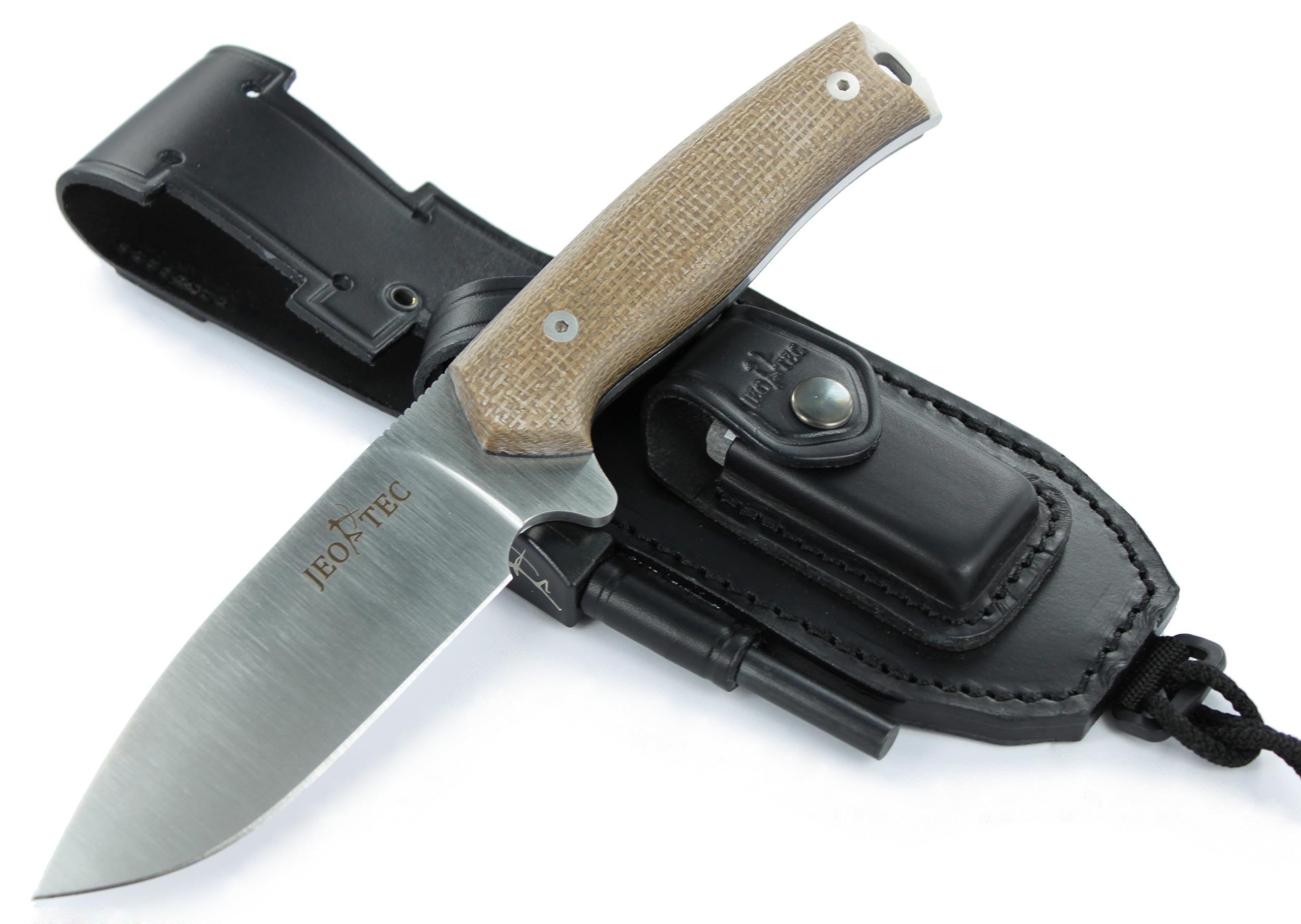 JEO-TEC Nº21 Nóż Bushcraft, nóż do paska na zewnątrz, nóż myśliwski, nóż survivalowy wielofunkcyjny , stałe ostrze, BÖHLER N690C, z naturalna skorzana osłona + krzesiwo + ostrzalka do noży , recznie robiony w Hiszpanii