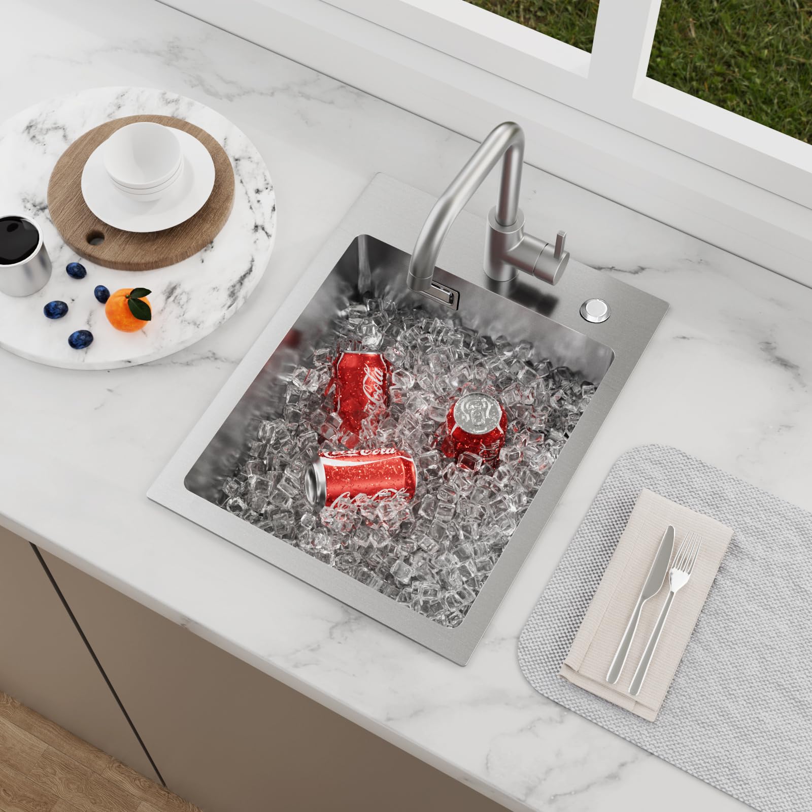 KEOKBON Topmount Stainless Steel Kitchen Sink 35 X 45 X 19 cm - Drop in Small Kitchen Sink PVD Coating NanoTek 3mm, with Waste and Overflow, Single Bowl, Nano Silver