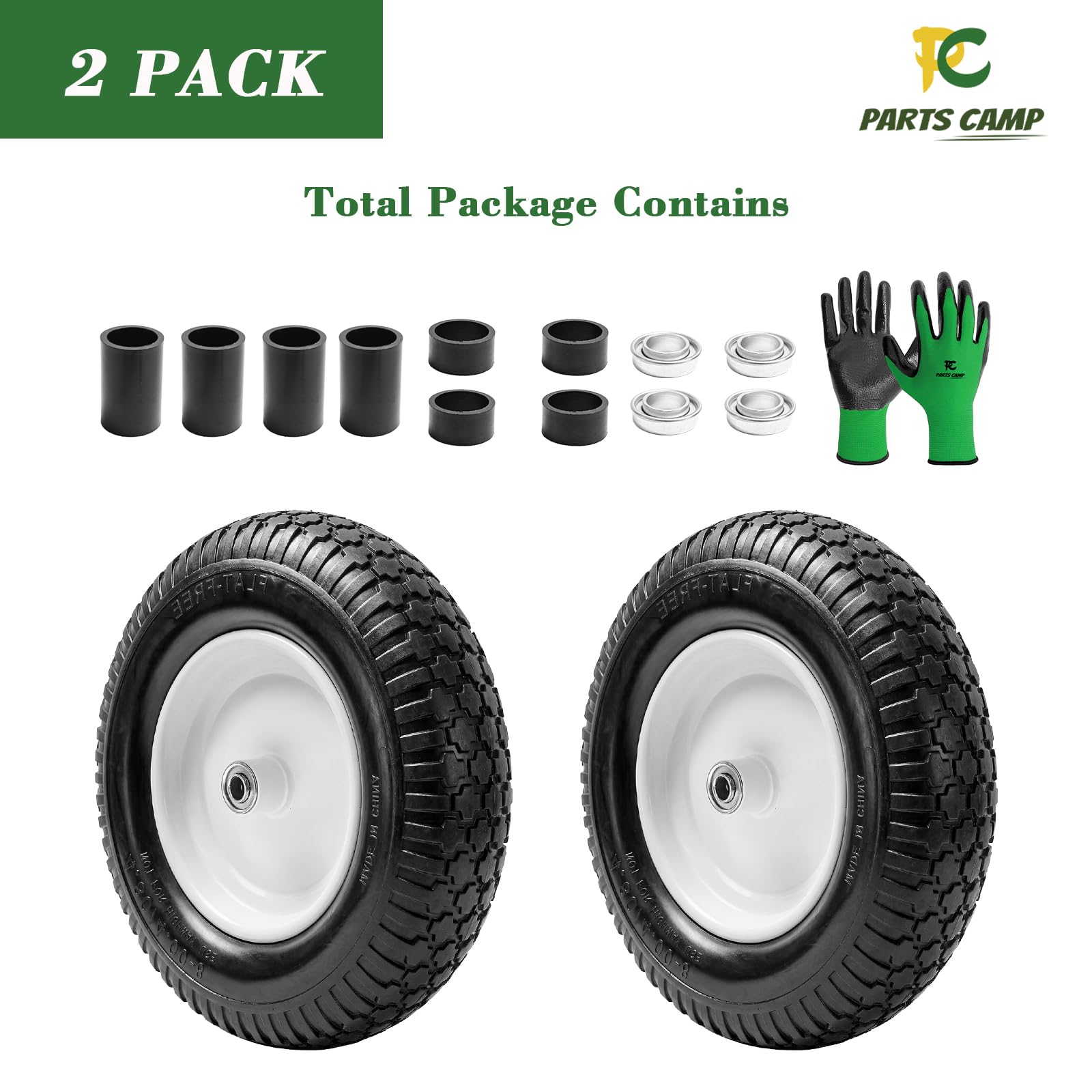Parts Camp 12,9 cm / 4,8 - 20,3 cm flache Schubkarrenreifen und Rad – 40,6 cm universelle Passform für Gartenwagen, Wagen, Trolley, Dolly – 1,6 cm & 3/4 Zoll Lager, 7,6 cm zentrierte Nabe (2 Stück)