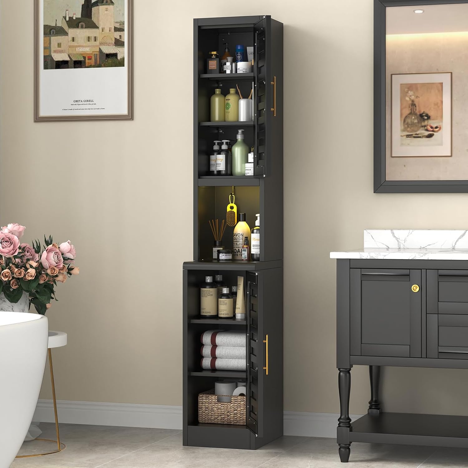 Metal Narrow Storage Cabinet, 68" Tall Kitchen Pantry Cabinet with 2 Doors & 4 Adjustable Shelves，Buffet Sideboard with Hutch, Cupboard for Bathroom, Home Office, Living Room, Dinning Room