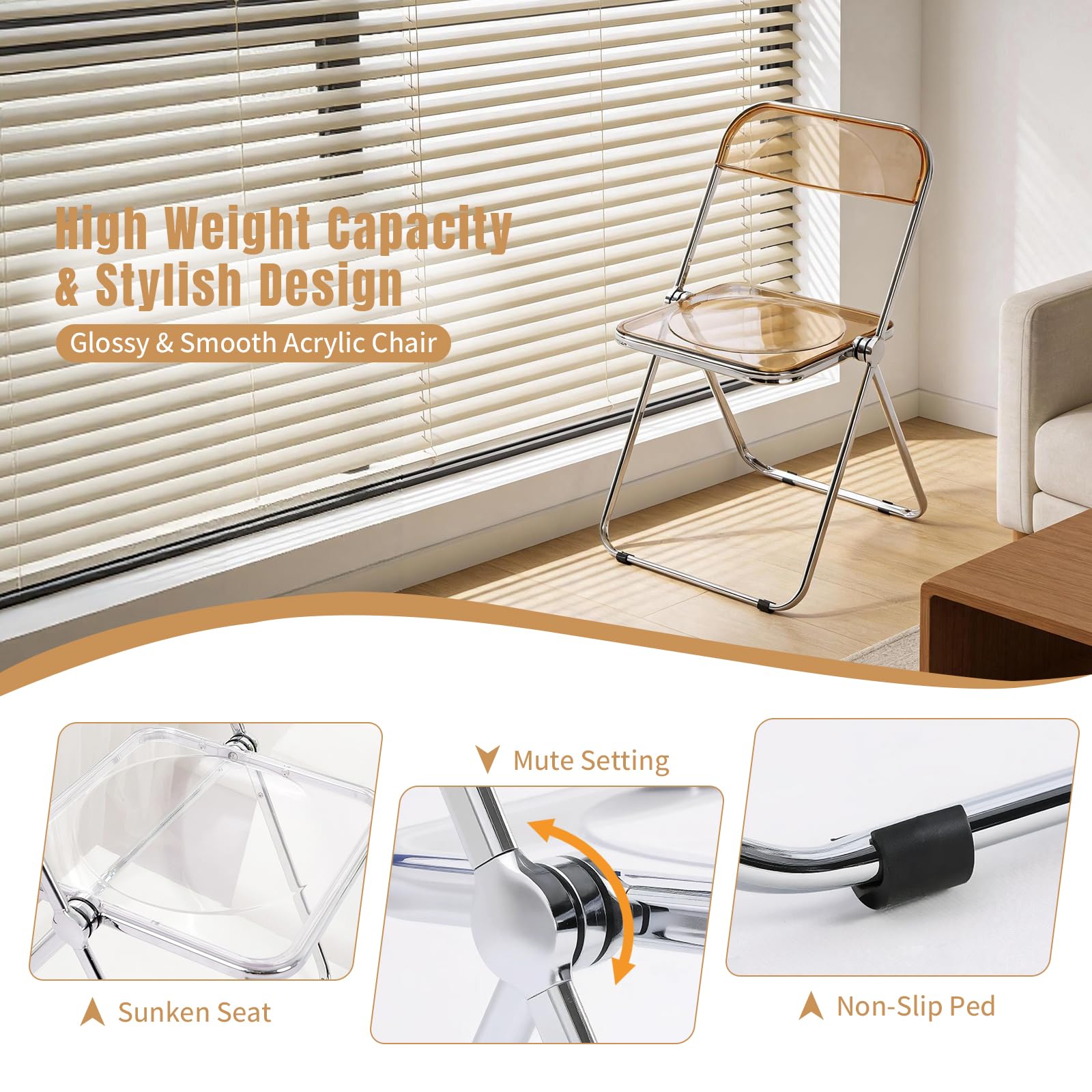 Sedia pieghevole in acrilico: sedia Morden trasparente cromata – seduta in cristallo lucite trasparente – elegante sedia pieghevole impilabile in plastica per sala da pranzo soggiorno vanità