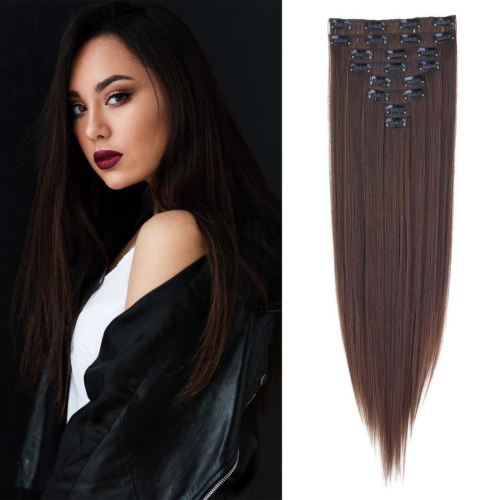 Gairyan Extension Clip Capelli Lisci 8pcs Set Extension Capelli Finti Clip Balayage Posticci Naturali Sintetici Clip in Hair Extension Morbido Lungo Dritto 60cm, Marrone scuro Ombre Auburn scuro