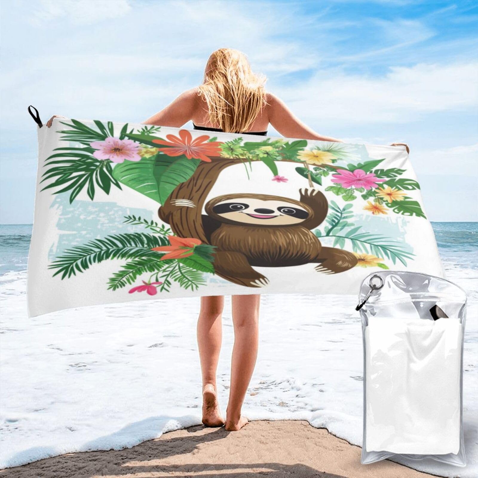 Anceky Cute Sloth in Tropical Flowers Quick Dry Microfiber Travel Towel with Carry Case and Carabiner 31.5"X63"