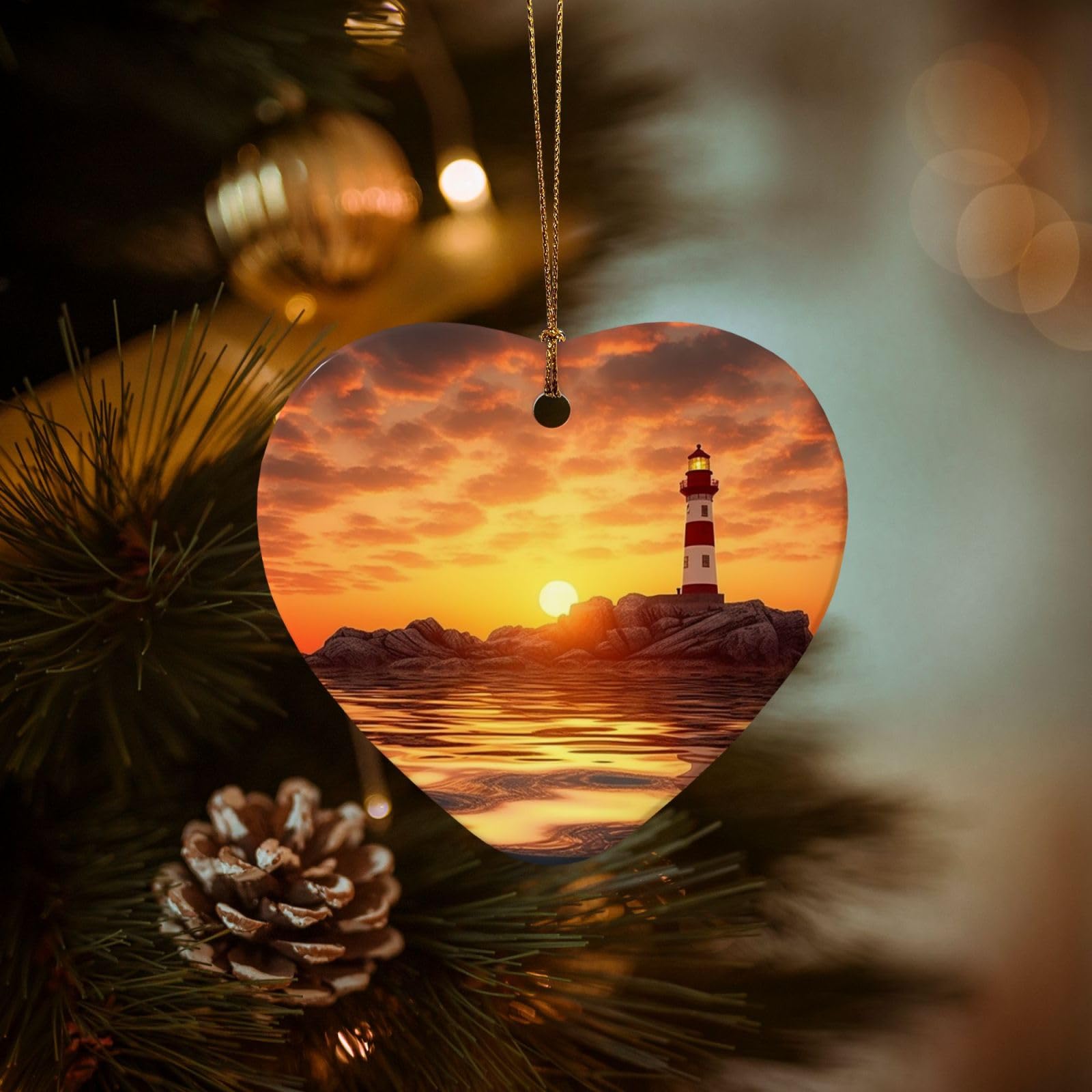 Christmas Tree Ornaments Ceramics Christmas Decorations Sea Lighthouse in Sunset Ornaments with Gold Ribbon Porcelain Xmas Tree Crafts Heart Shape Hanging Pendant for Christmas Tree Party Decor