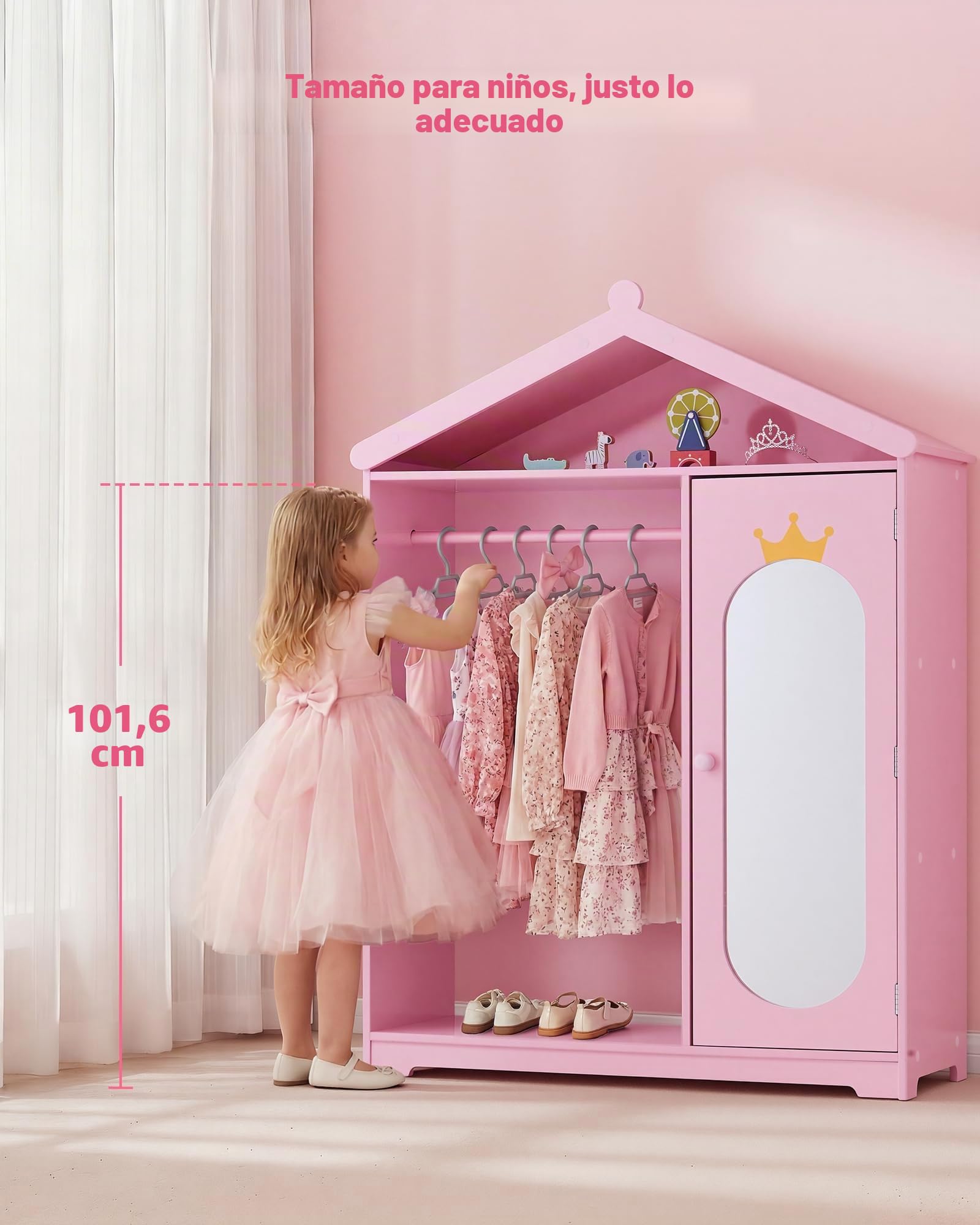 VEVOR Armario de Disfraces para Niños con Espejo, Perchero Infantil con Estantes, Mueble de Madera Estilo Cuento de Hadas para Dormitorio, Juegos, Organizador de Ropa con Barra y Compartimentos, Rosa