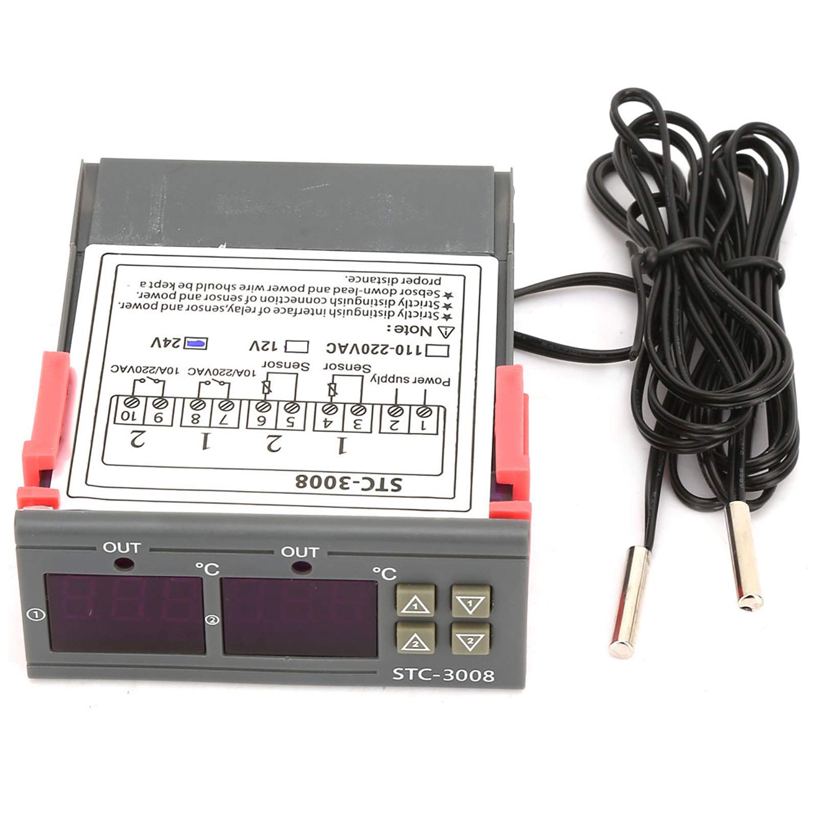 EVTSCAN Latest STC-3008 Dual Display Dual NTC Probe Sensor Digital Temperature Thermostat Controller (24V)