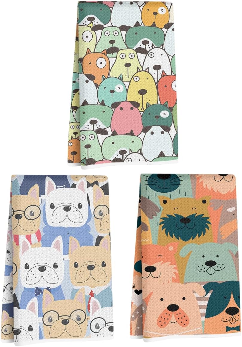3 Pcs Cute Cartoon Dog Kitchen Towels, Colorful Decorative Dish Towel