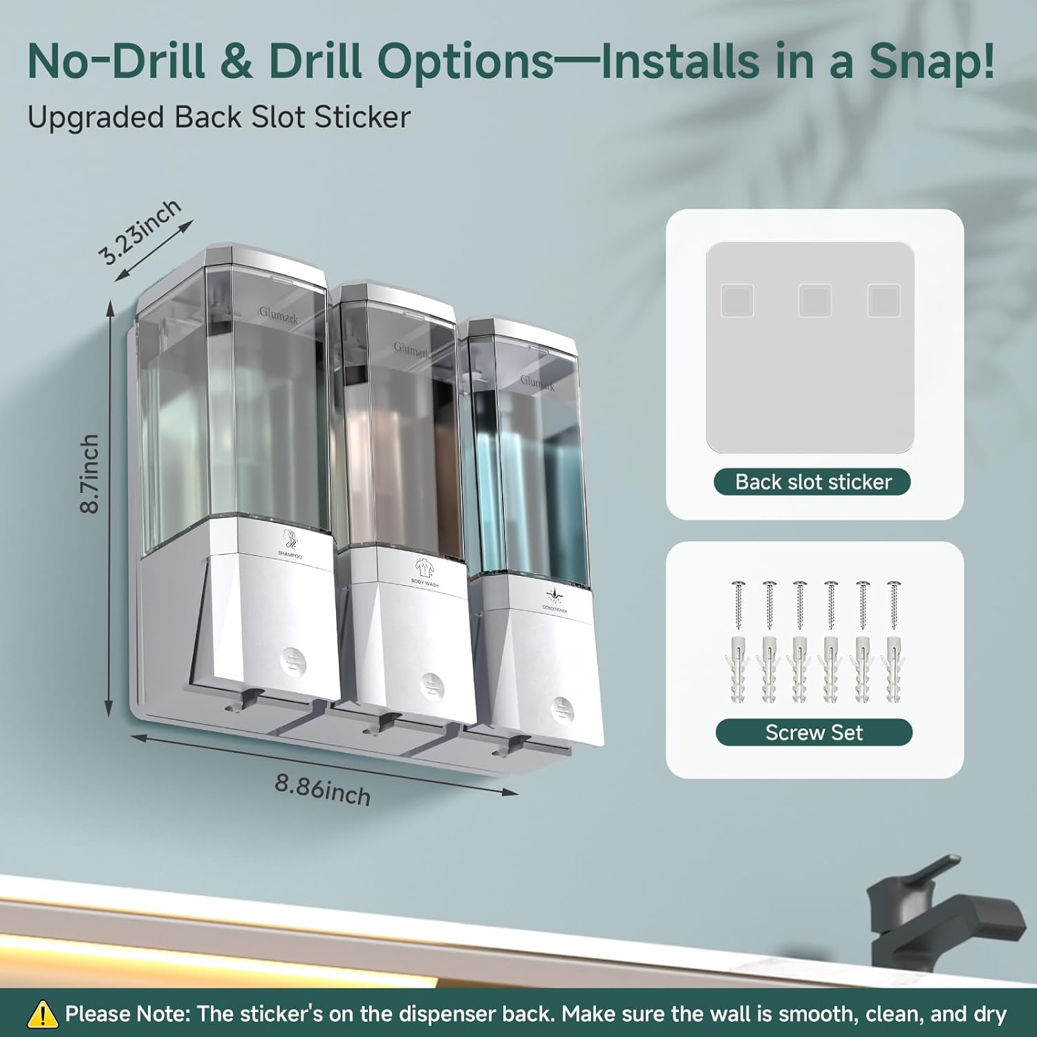 Shampoo and Conditioner Dispenser 3 Chamber No Drill Shower Soap Dispenser Wall Mounted Shampoo Conditioner Body Wash Dispenser 3 * 500ml Refillable Shower Dispenser for Bathroom Hotel, Silver