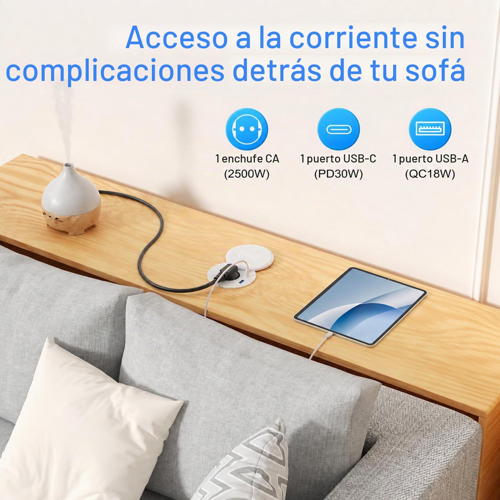 Enchufe empotrable con USB-C PD 30W, Carga inalámbrica 15W, Ø80 mm