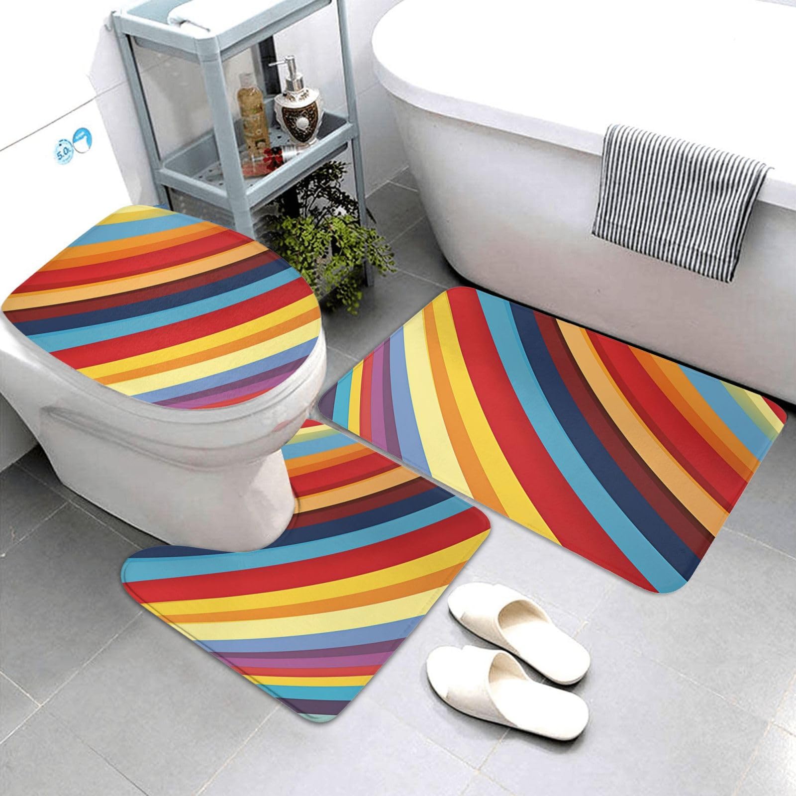 Dwrepo Colorful Stripes Print Bathroom Rug Set 3 Piece with Non-Slip U-Shaped Contour Mat and Toilet Lid Cover for Bathroom Decoration