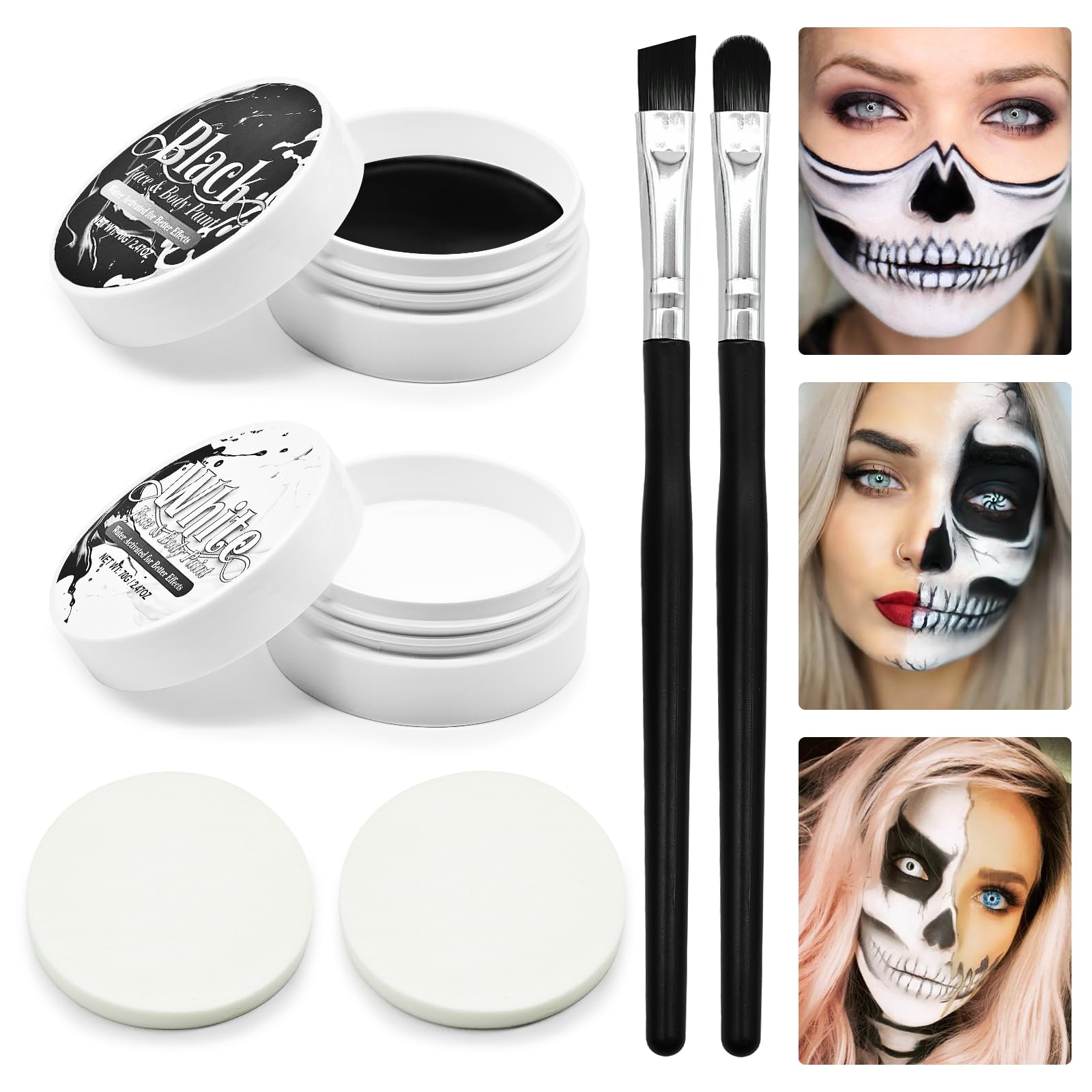 Juego de pintura facial en blanco y negro, 2.47 onzas, pintura facial de Halloween, esqueleto, calavera fantasma, disfraz de cosplay, cadáver SFX profesional, kit de maquillaje de efectos especiales 6