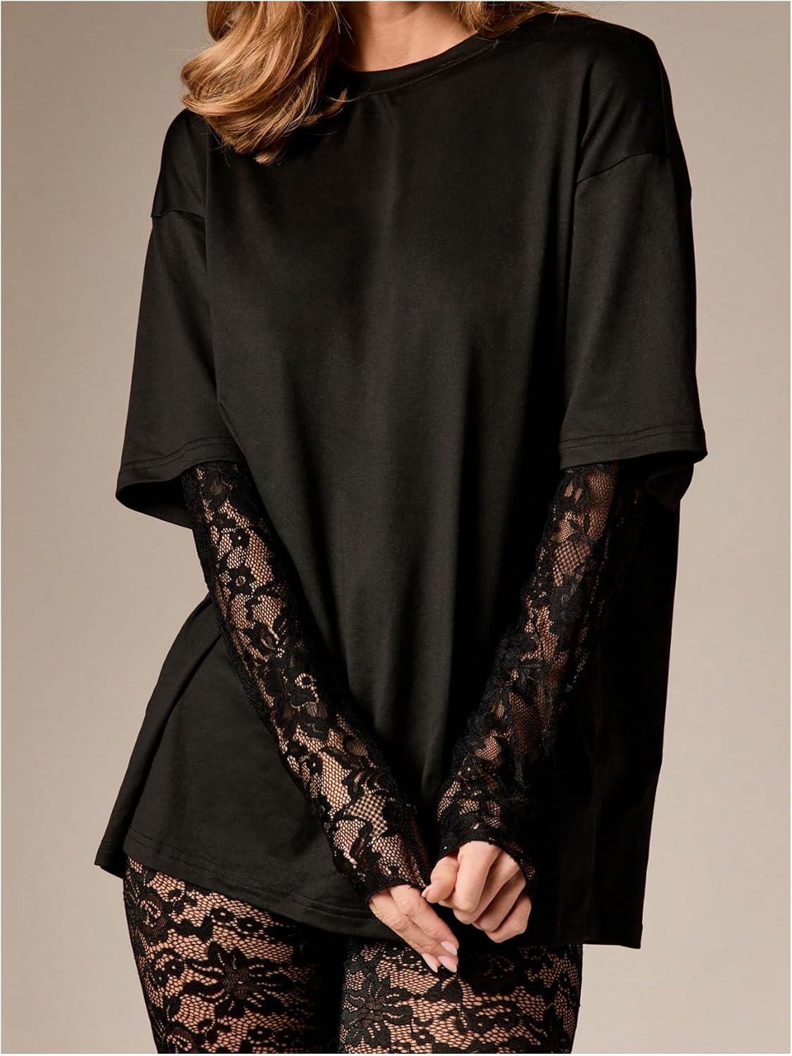 SweatyRocks Women's T Shirts for Women Long Sleeve Lace Patchwork Oversized Tees - Image 4