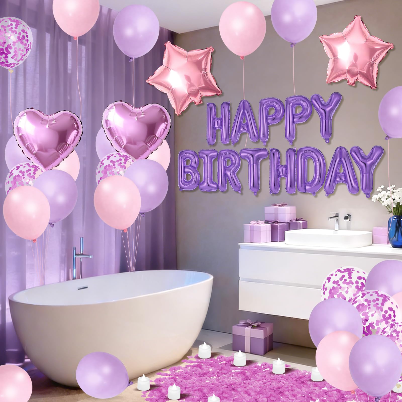 Globos de cumpleaños morados y rosados, decoración de globos de cumpleaños rosa y morado, pancarta con globo de estrella y corazón, 1000 pétalos de rosa artificiales, 24 velas LED sin llama para