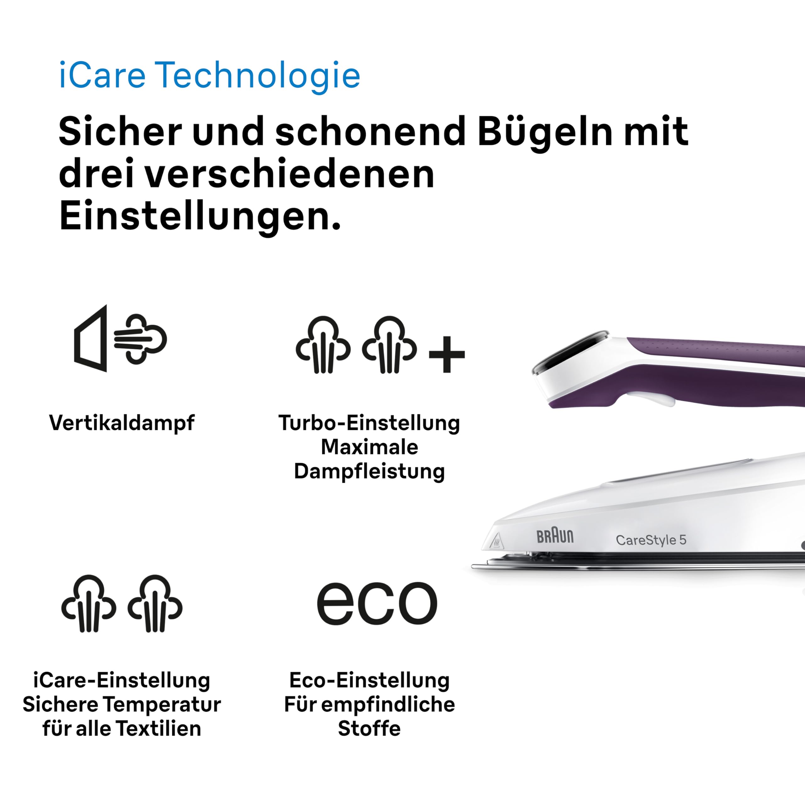 Braun CareStyle 5 IS5247VI Dampfbügeleisen mit FreeGlide-Technologie 3D, 145 g/min Dampf, schnelles Aufheizen, iCare-Modus, vertikales Bügeln, abnehmbarer 2-L-Tank, 2400 W, Violett